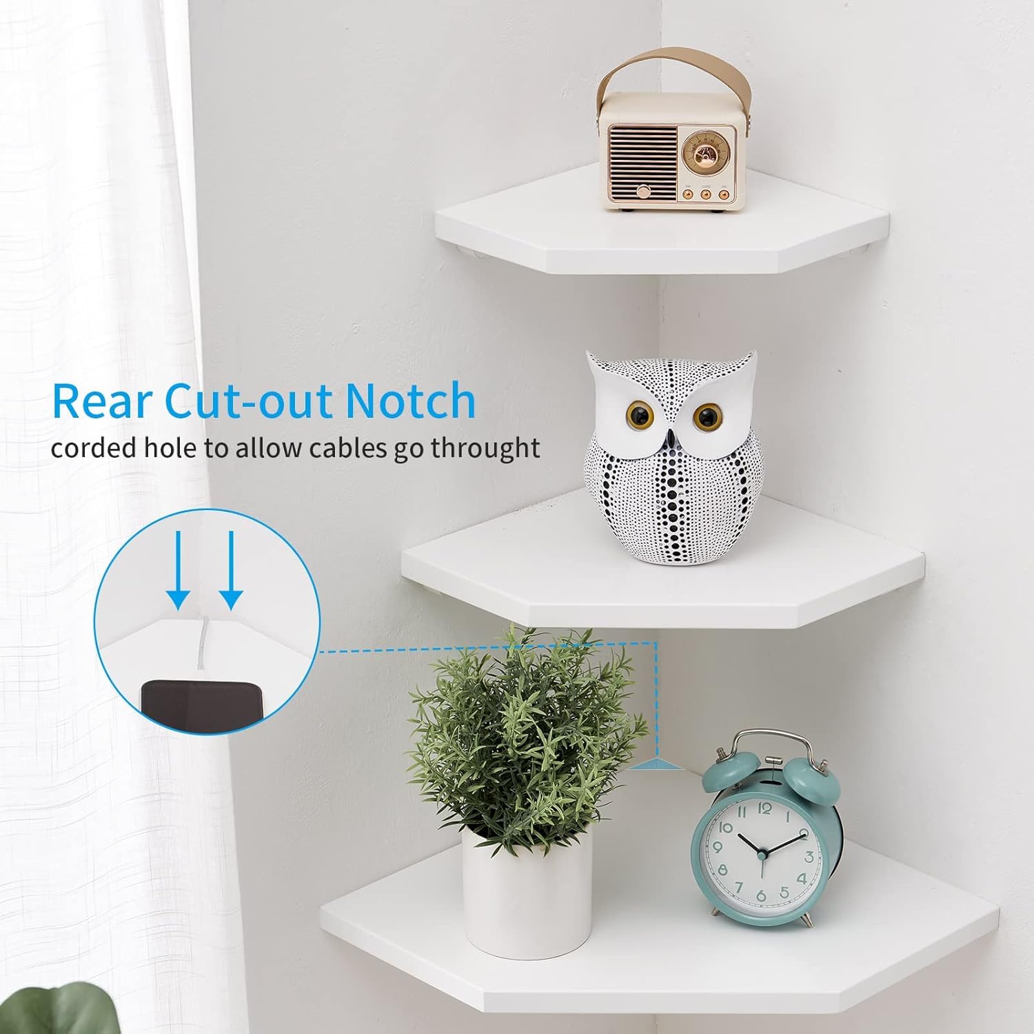 GIEANOO Solid Oak Wood Floating Corner Shelves | Set of 2 White Wall Mount