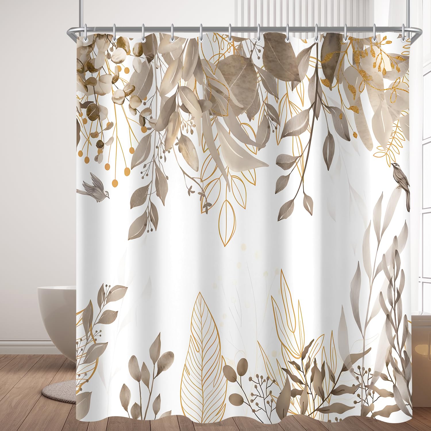 Lerores Grey Autumn Leaves Shower Curtain | 180x200cm Anti-Mould Polyester