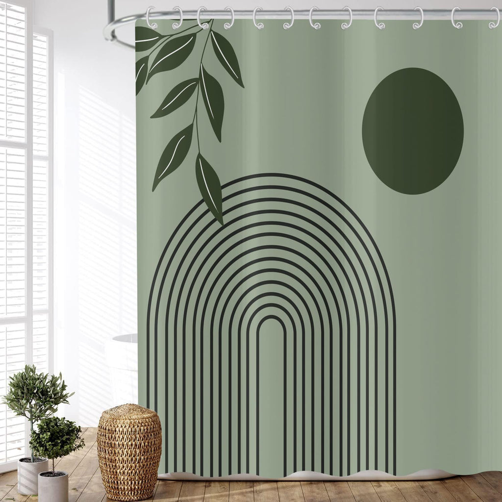 ASDCXZ Boho Shower Curtain 180x180 cm, Modern Abstract Art Green Leaves Sun Line Sage Green Bath Washable Shower Curtains Polyester Textile - image 3