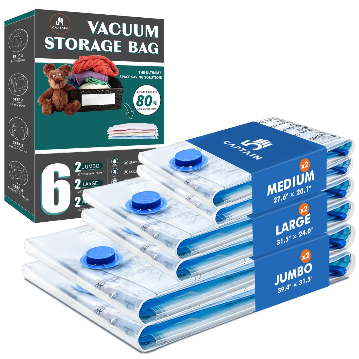 CaptainFive Vacuum Storage Bags 6-Pack 2 Jumbo + 2 Large + 2 Medium, Space Saver Sealer Vacuum Bags for Clothes, Pillows, Duvets, Bedding