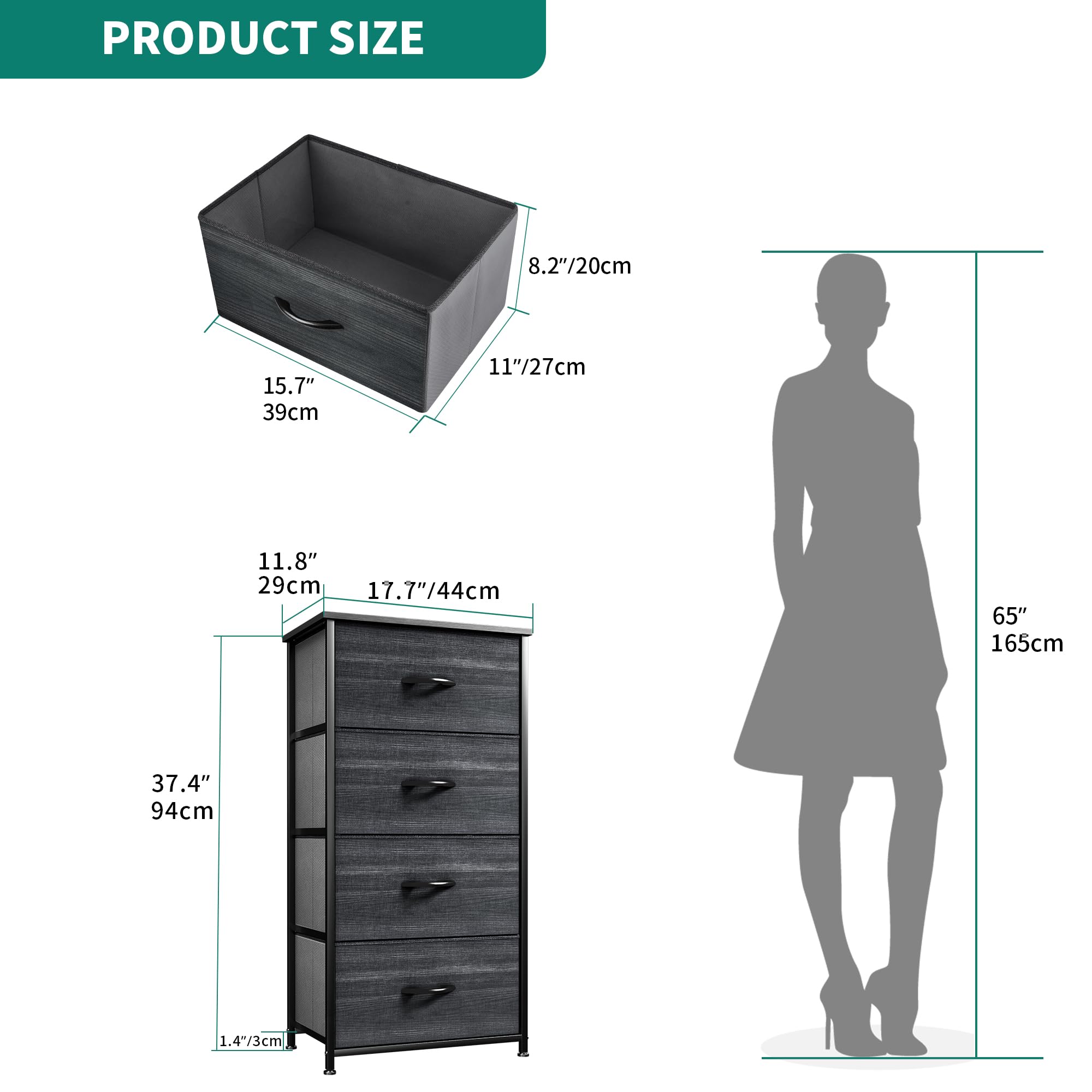 YITAHOME 4-Drawer Fabric Dresser | Metal Frame Storage Chest – Charcoal