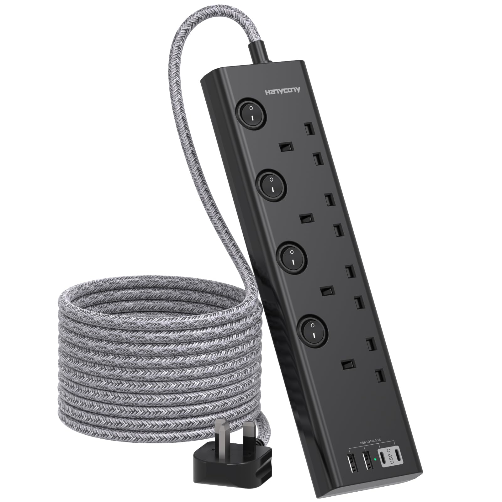 4-Way Extension Lead – 3M Power Strip with 4 USB Ports