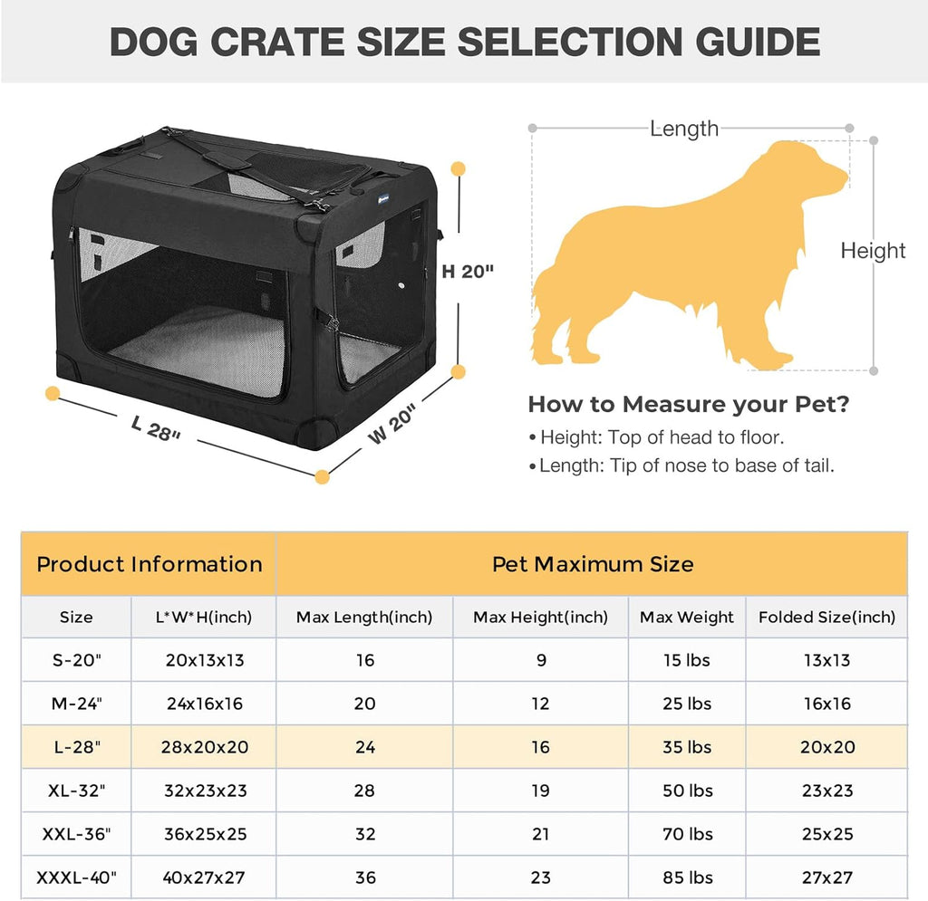 Veehoo 28-Inch Soft Dog Crate | Foldable 3-Door Travel Pet Kennel