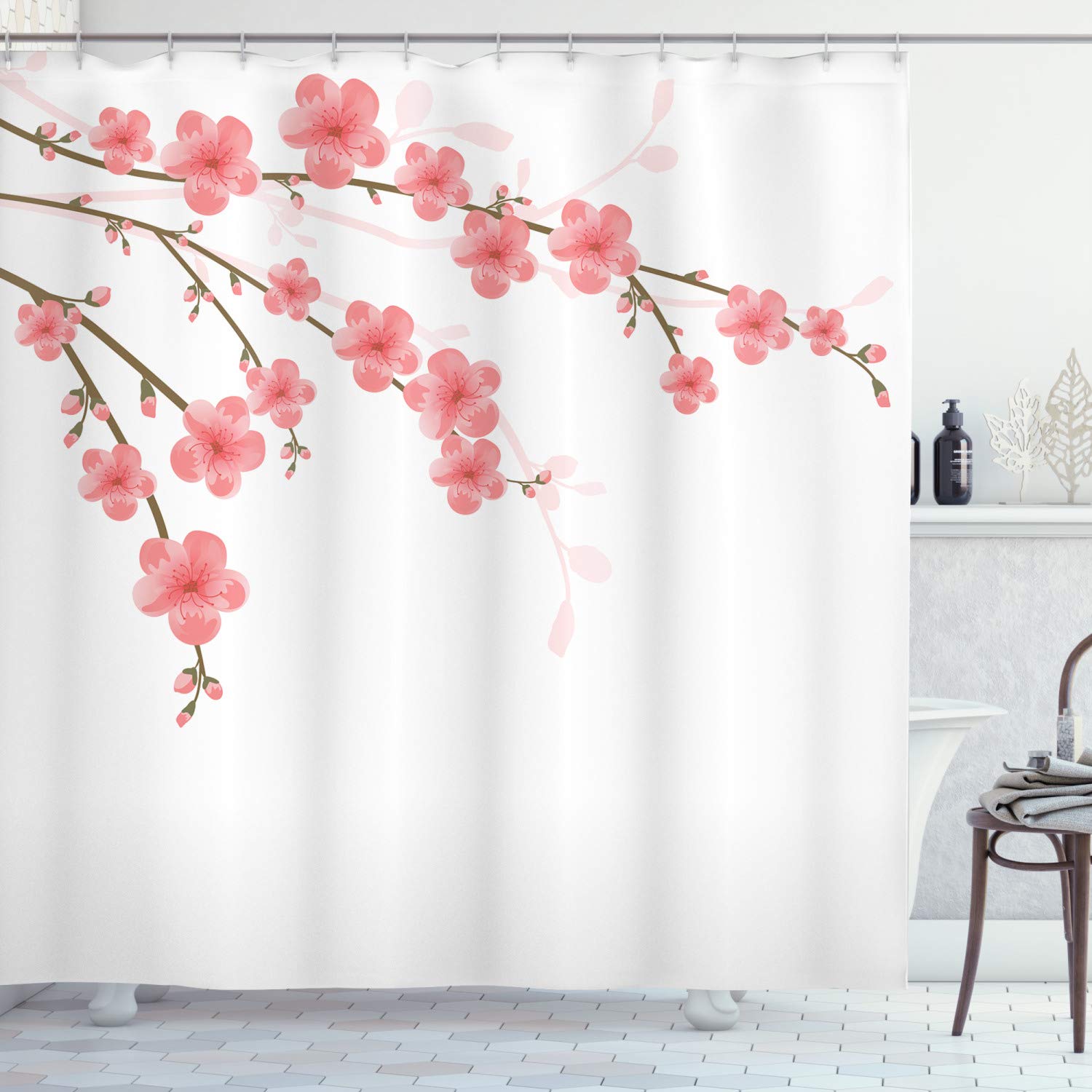 ABAKUHAUS Cherry Blossom Floral Shower Curtain | Waterproof Fabric