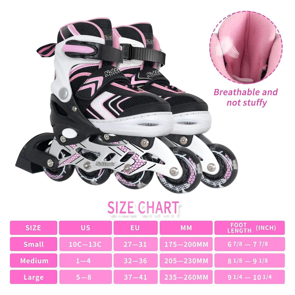 Nattork Adjustable Inline Skates for Girls | Light Up Wheels Pink Youth