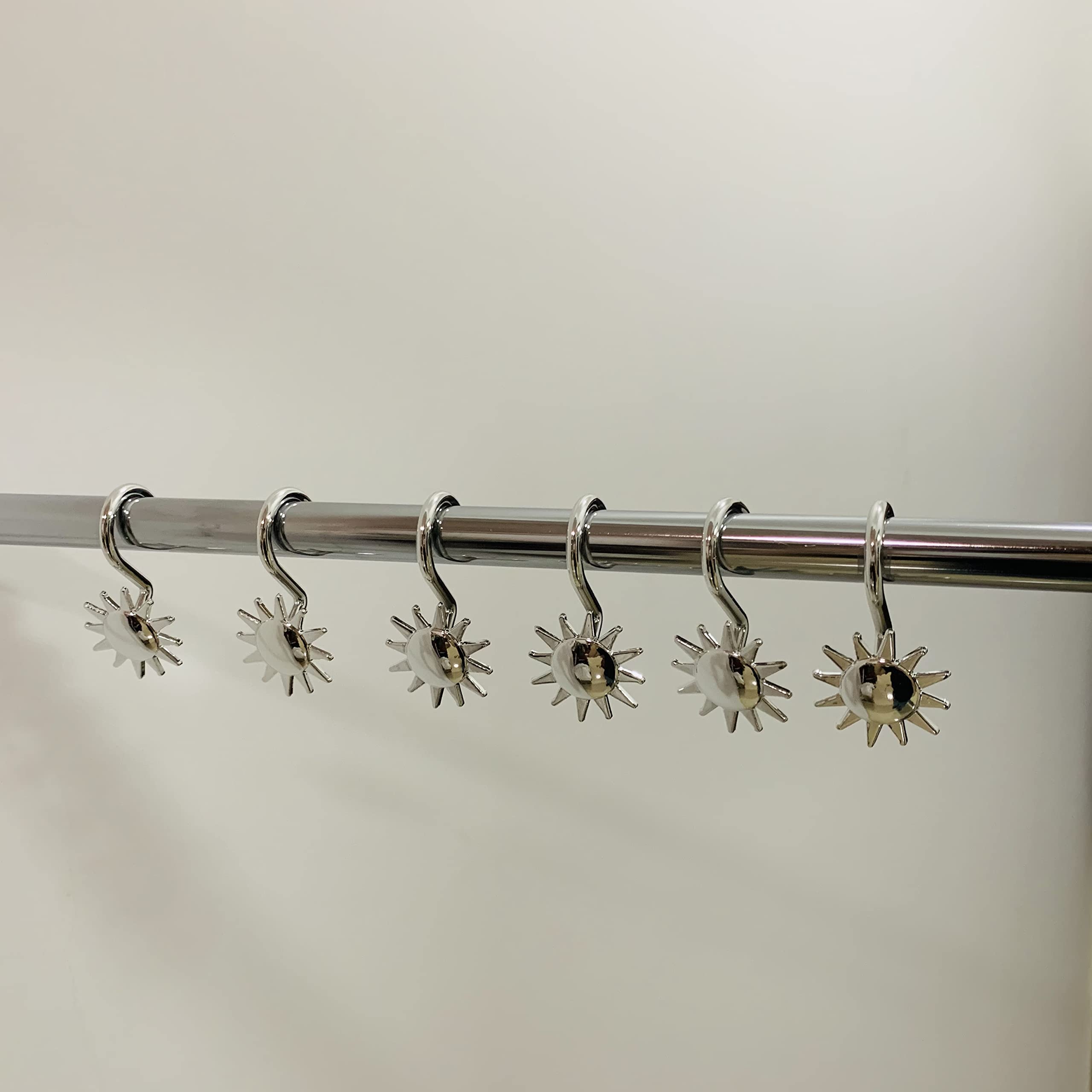 Sun Shaped Chrome Shower Curtain Hooks & Rings - 12pcs