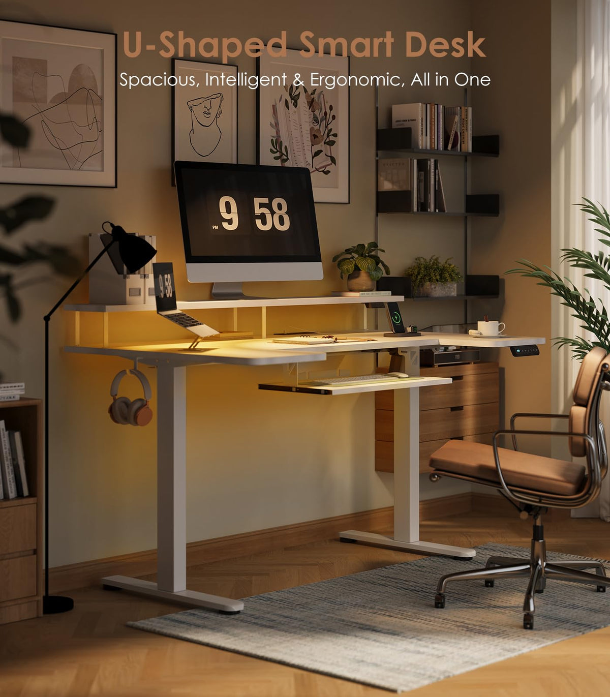 OffiGo Standing Desk, 120cm U Shaped Desk with LED Lights & Power Outlets - image 5
