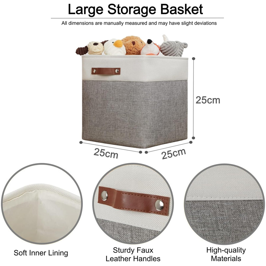 VIIHTYISA Fabric Storage Box, 4-Piece Set 25x25x25cm Cube Storage Boxes with Faux Leather Handle for Cube Shelves, Closet, Wardrobes | Grey & White - image 3