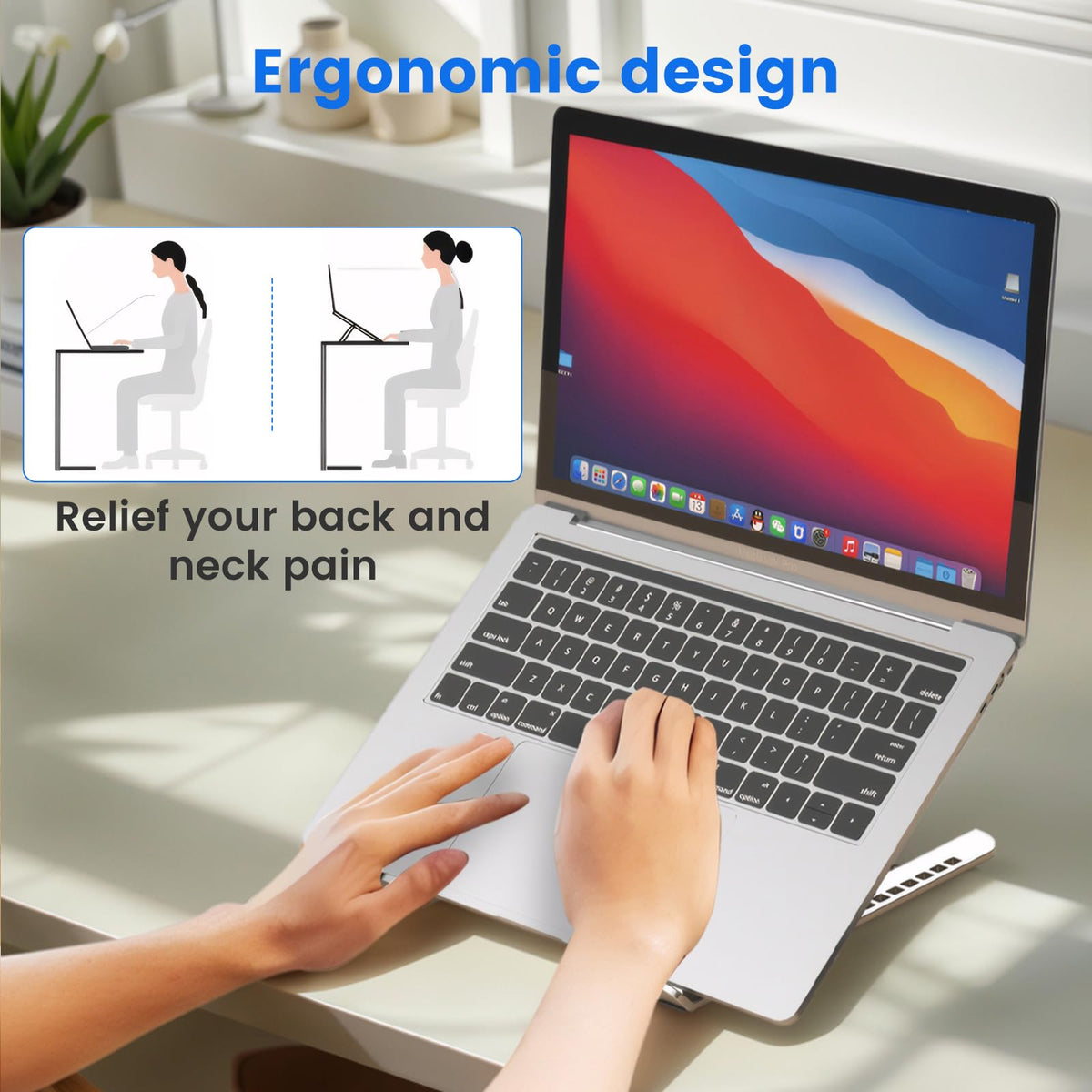 GrandMil Adjustable Laptop Stand for Desk – Foldable & Portable ABS+Silicone Riser, Ventilated Cooling Holder for 10-17.3” Laptops & Tablets Black