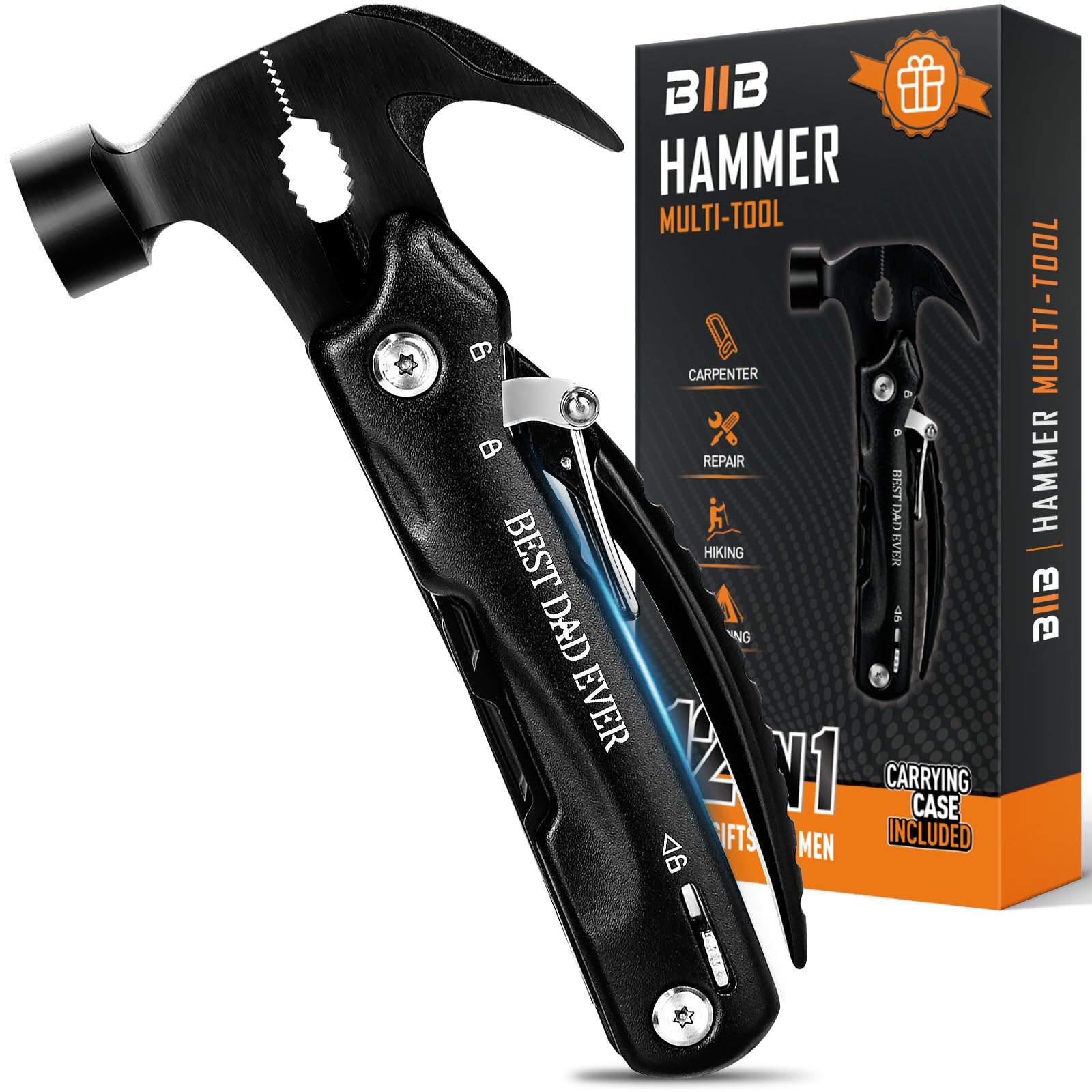Black multi-tool hammer with carrying case on a white background