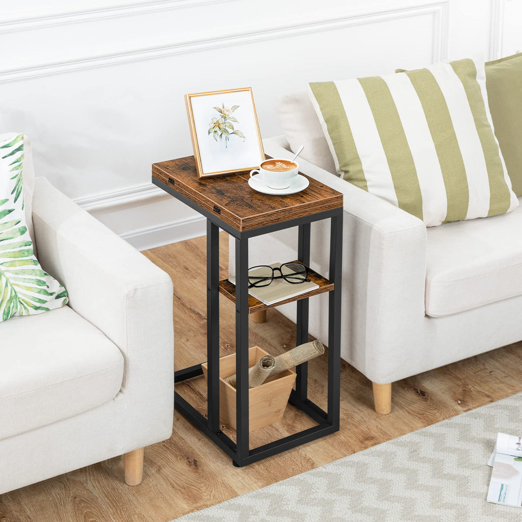 HOOBRO C Shaped Side Table – Foldable Laptop & Snack Table, Rustic Brown