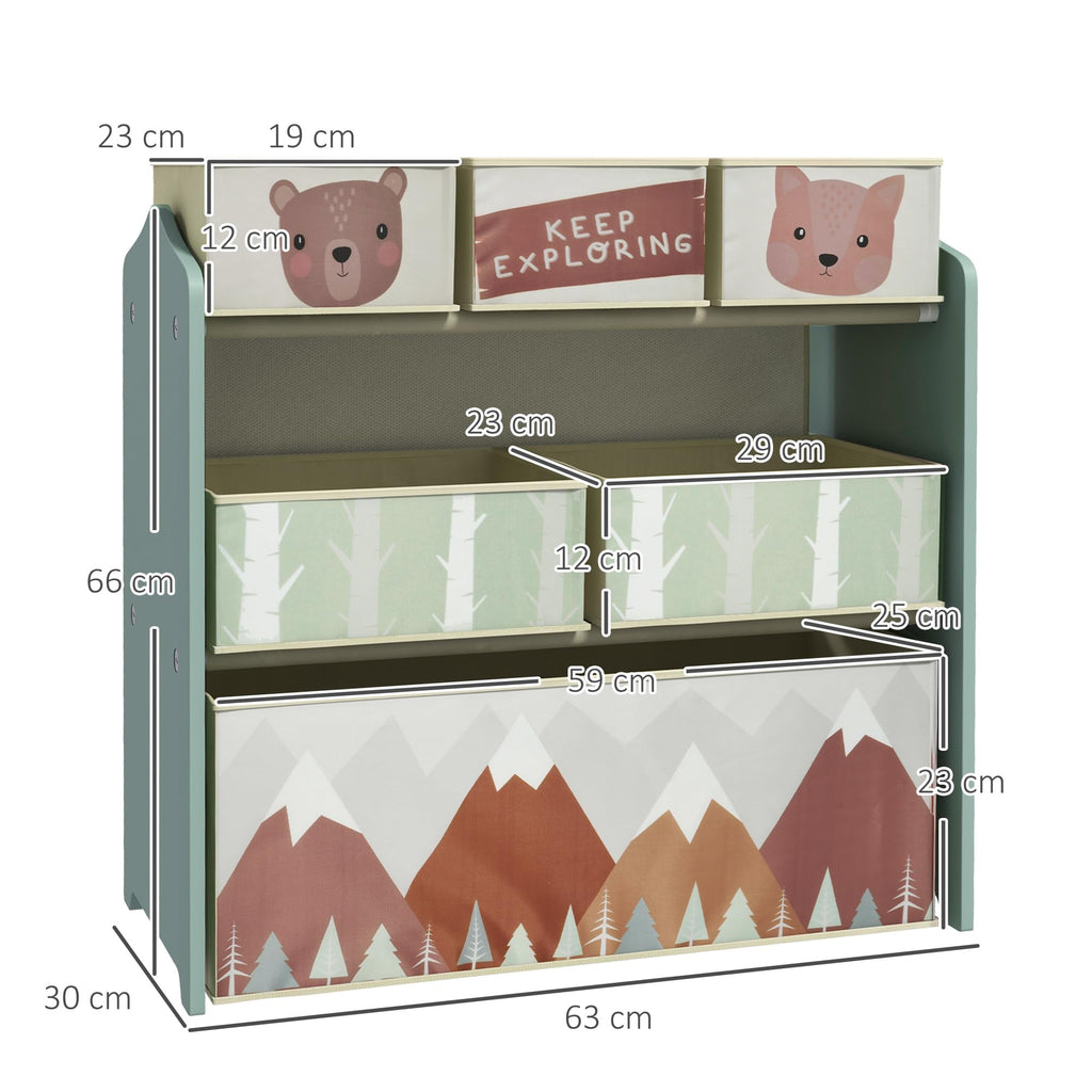 ZONEKIZ Kids Toy Storage Organiser | 6 Fabric Bins Unit - Green