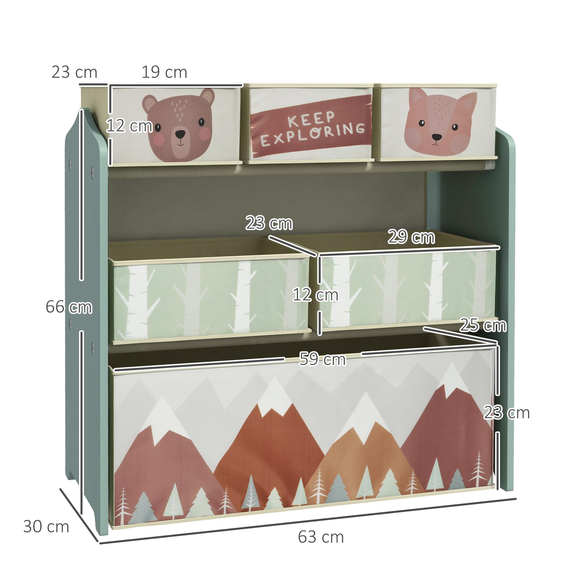 ZONEKIZ Kids Toy Storage Organiser | 6 Fabric Bins Unit - Green