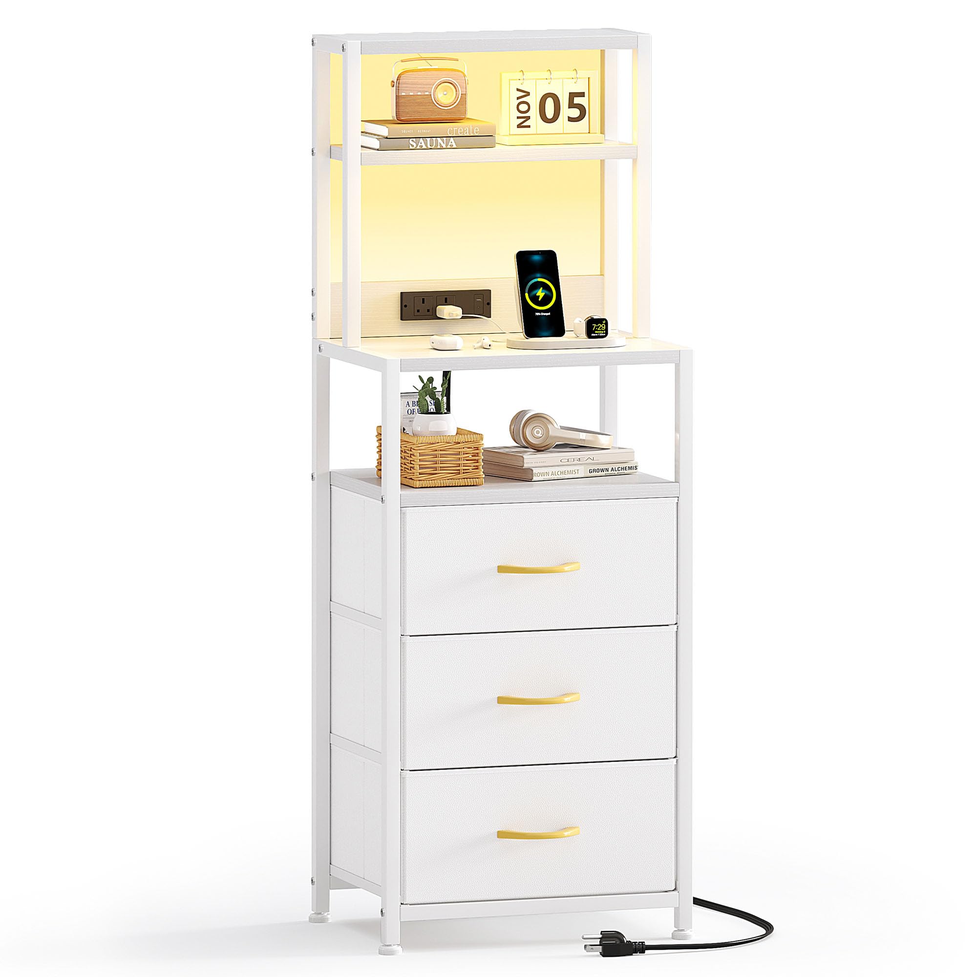 VERMESS Bedside Table with Charging Station and 3 Drawers – White