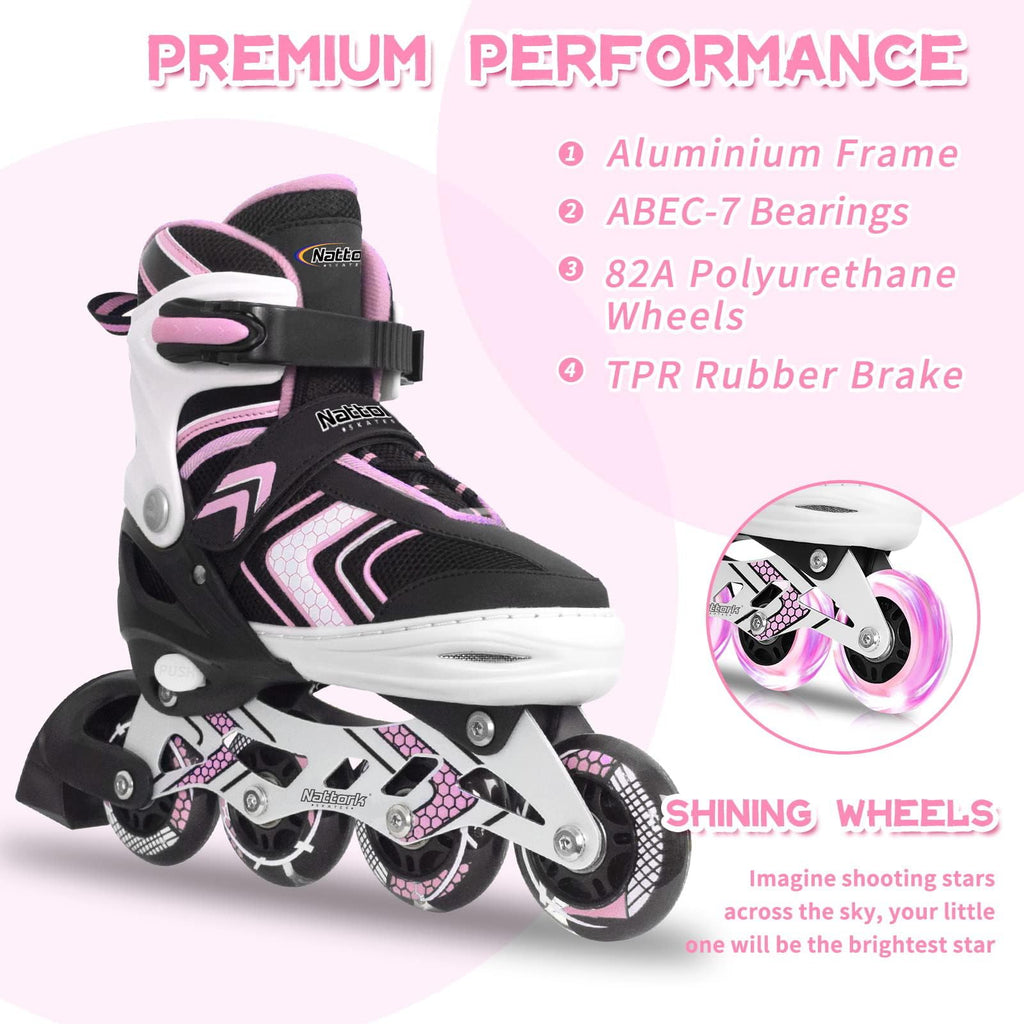 Nattork Kids Adjustable Inline Skates – Light Up Wheels for Girls, Pink