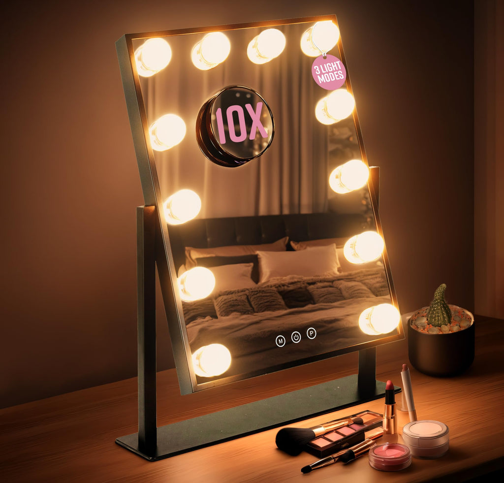 GloBrite Hollywood Vanity Mirror with 12 LED Bulbs – 3 Light Modes, Black