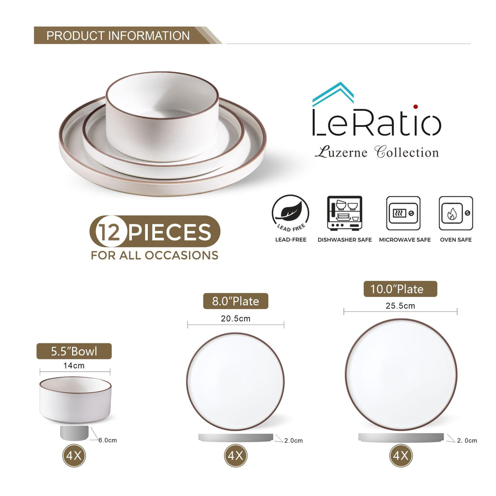LeRatio 12-Piece Stoneware Dinnerware Set | Chip-Resistant Service for 4