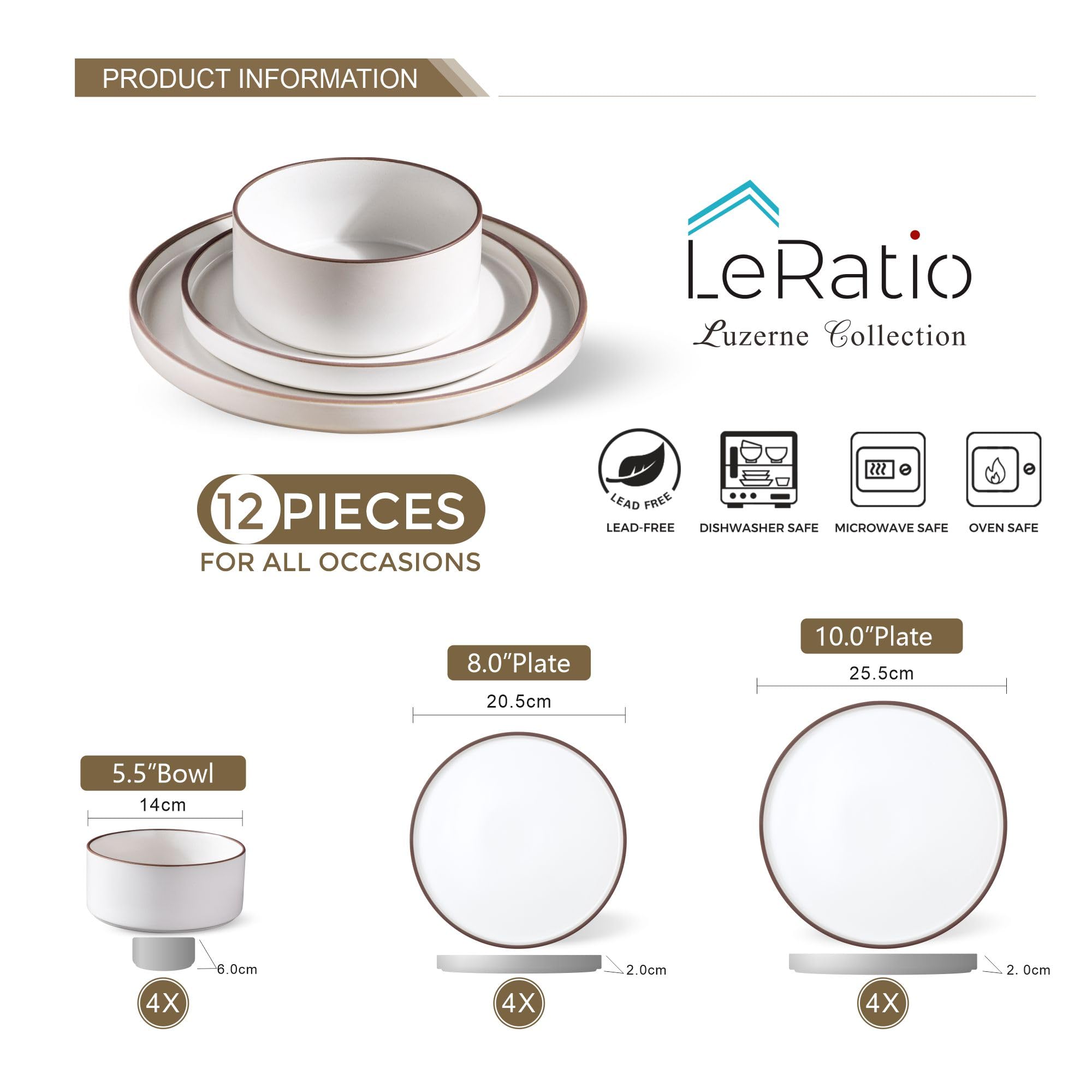 LeRatio 12-Piece Stoneware Dinnerware Set | Chip-Resistant Service for 4