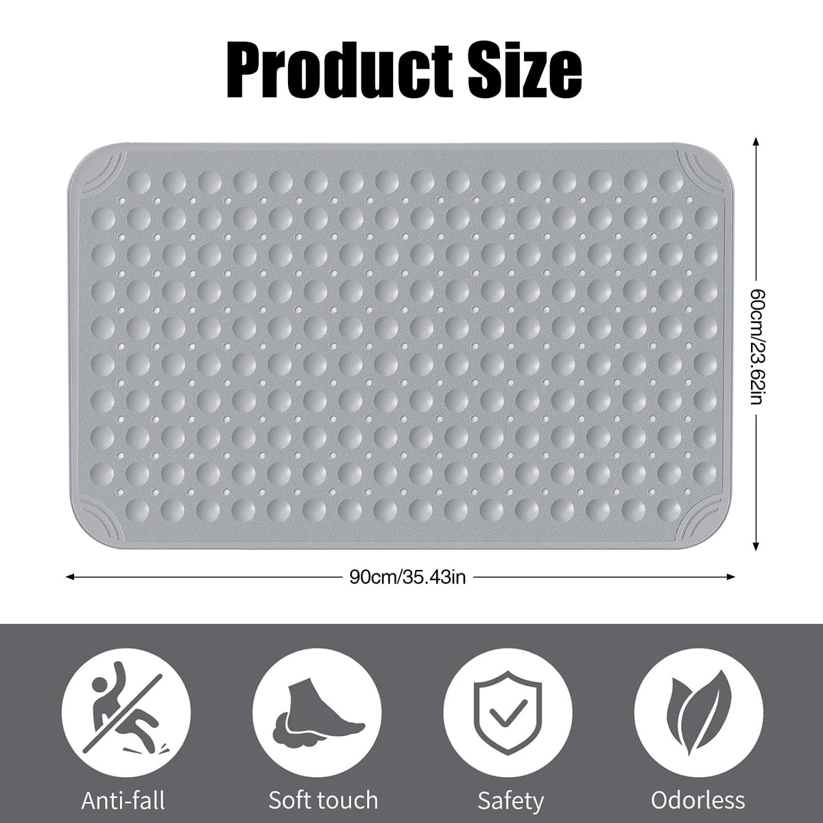 Non Slip Extra Large Shower Mat, 60 x 90 cm Anti Mould Long Bath Mat TPE Shower Mats for Inside with Drain Holes and Suction Cups Gray