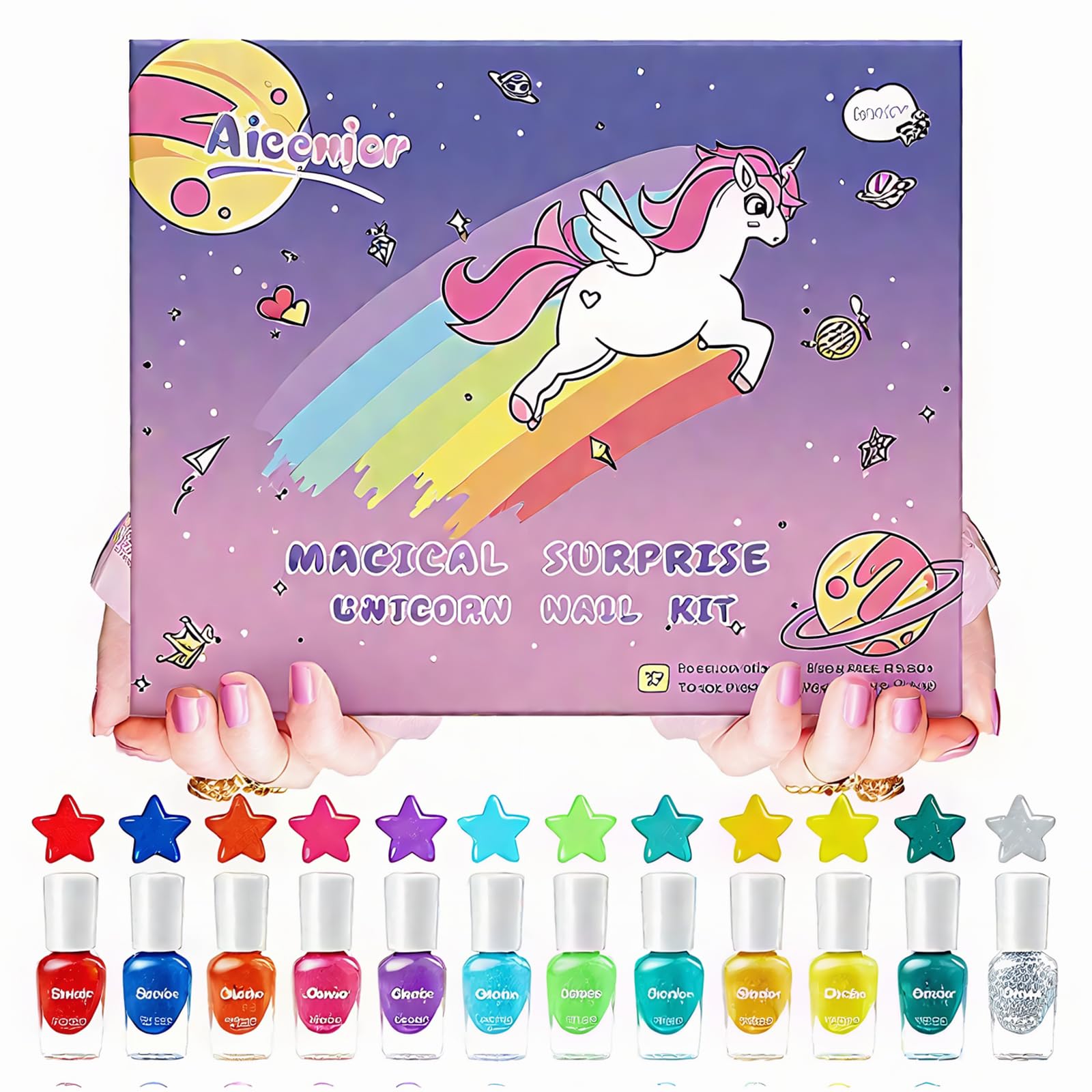 Aieenjor Kids Nail Polish Set - 12 Color Non-Toxic Peelable Polish