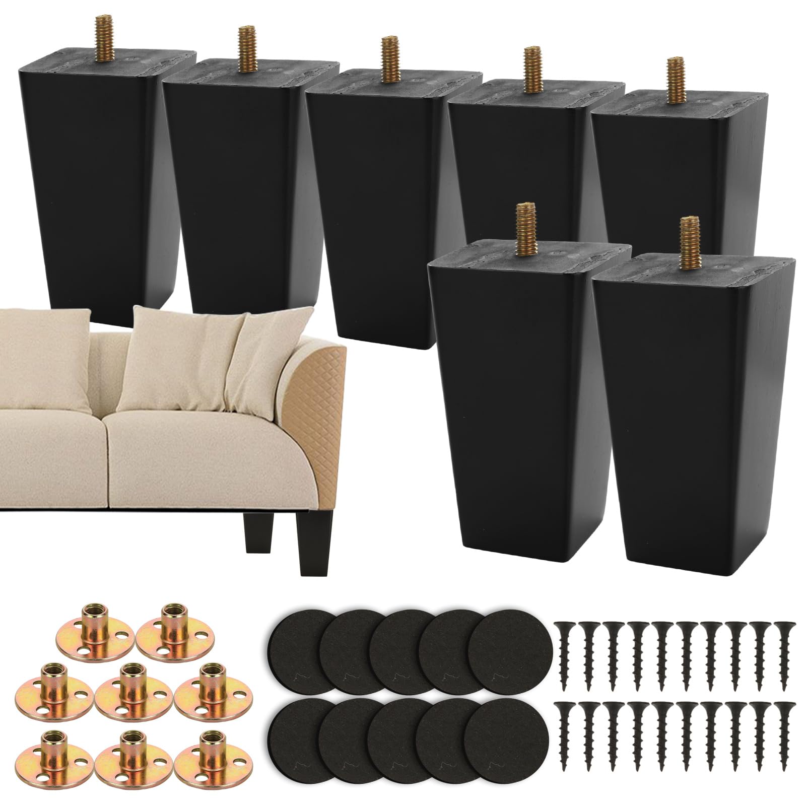 MUXHEL 10cm Wooden Sofa Legs - Set of 8 Solid Wood Furniture Feet