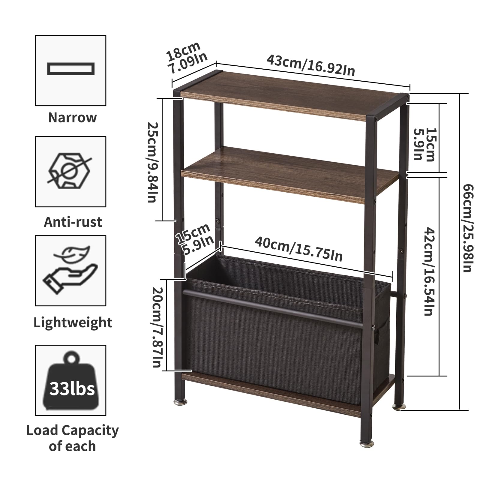 Aibiju 3-Tier Slim Side Table – Narrow Industrial End Table with Storage