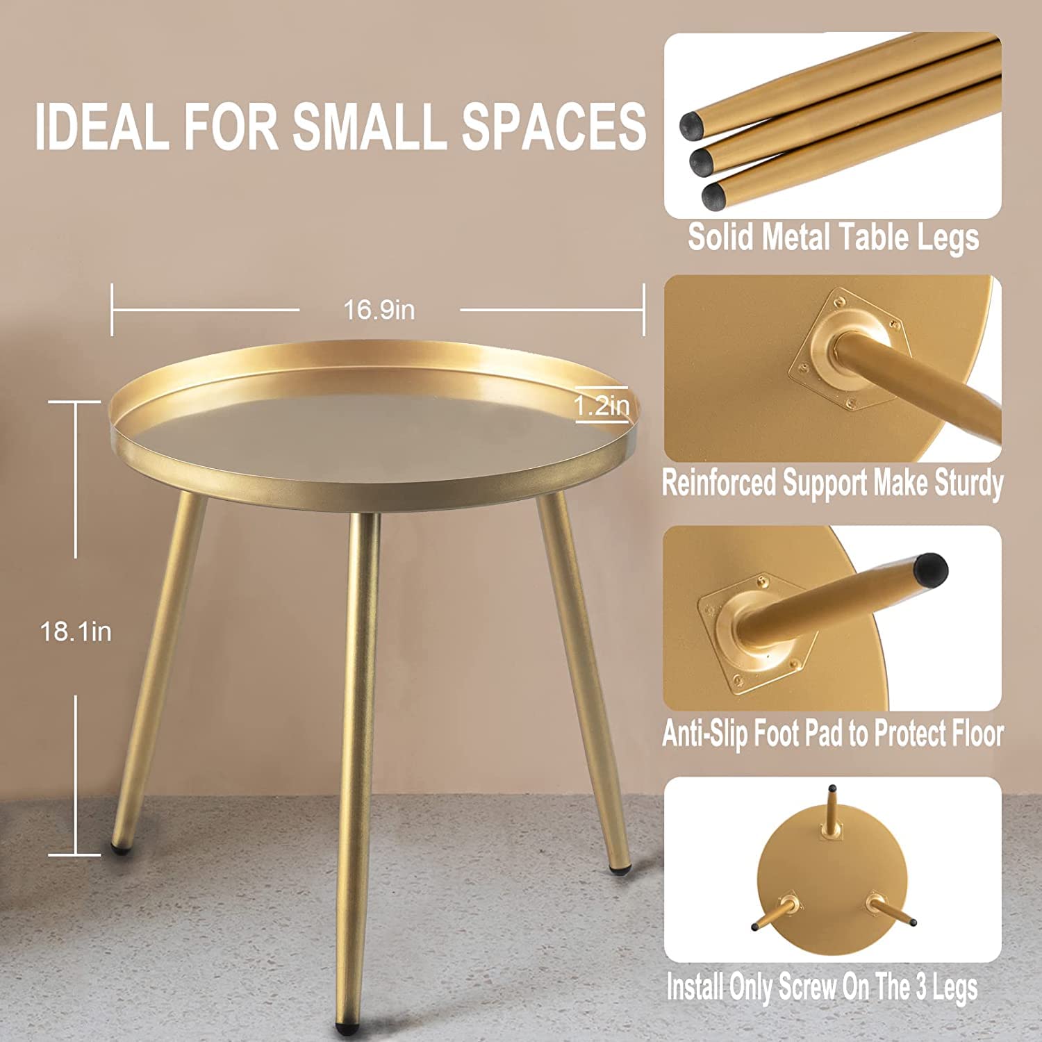 AOJEZOR Round Metal Side Table | Gold Small End Table for Living Room