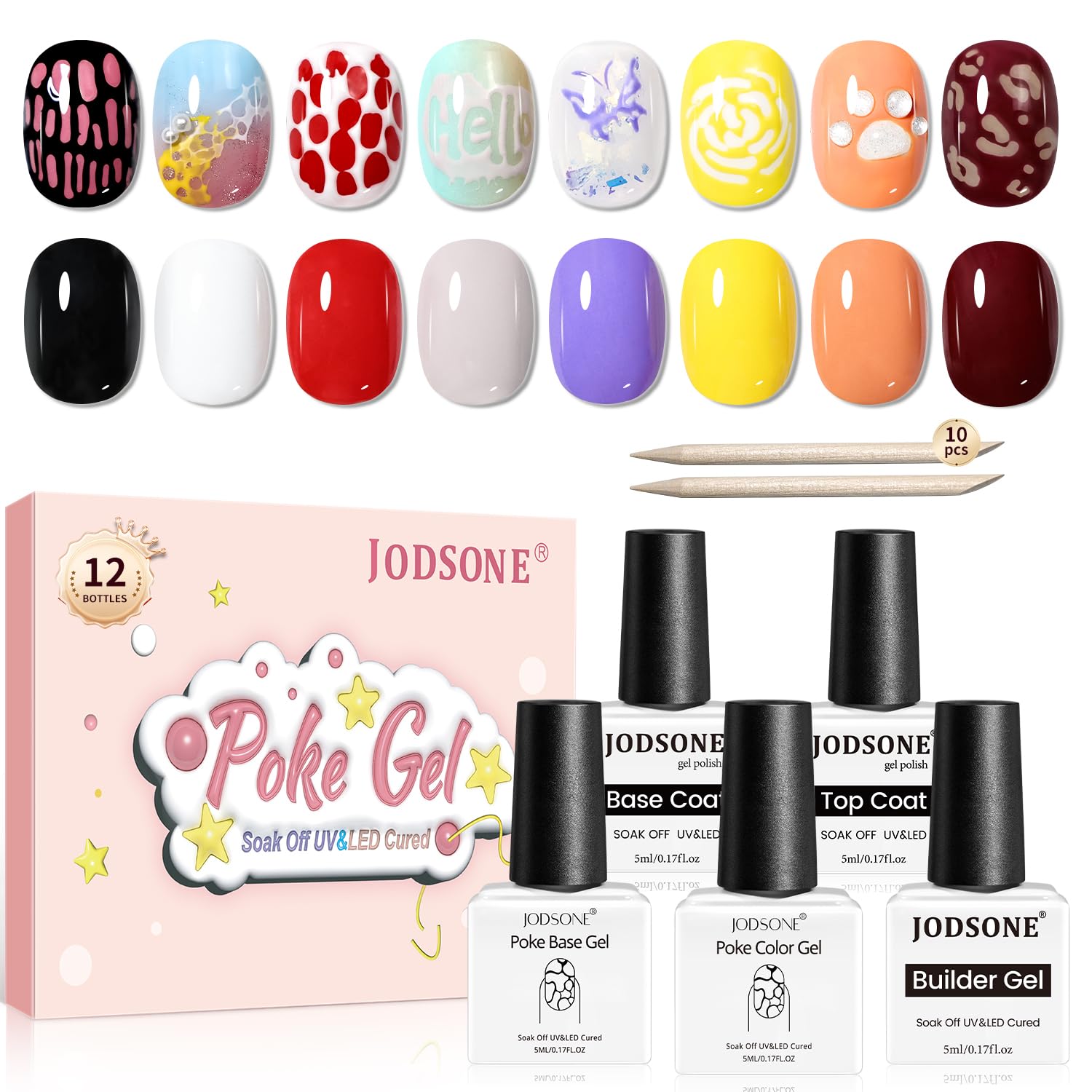 JODSONE Poke Gel Nail Polish Set - 8 Colors DIY Nail Art Kit with Base & Top Coat