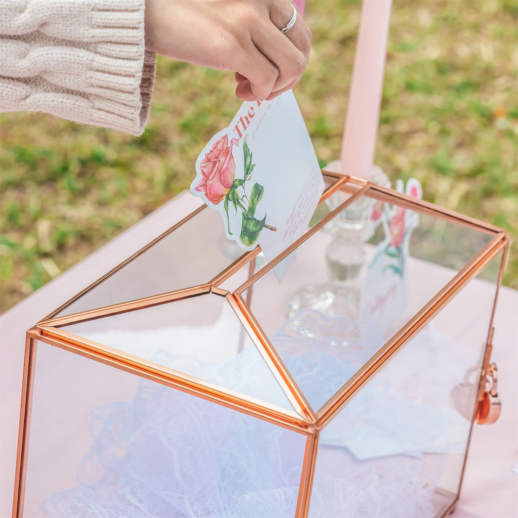 NCYP Rose Gold Geometric Glass Wedding Card Box with Lock – 26cm