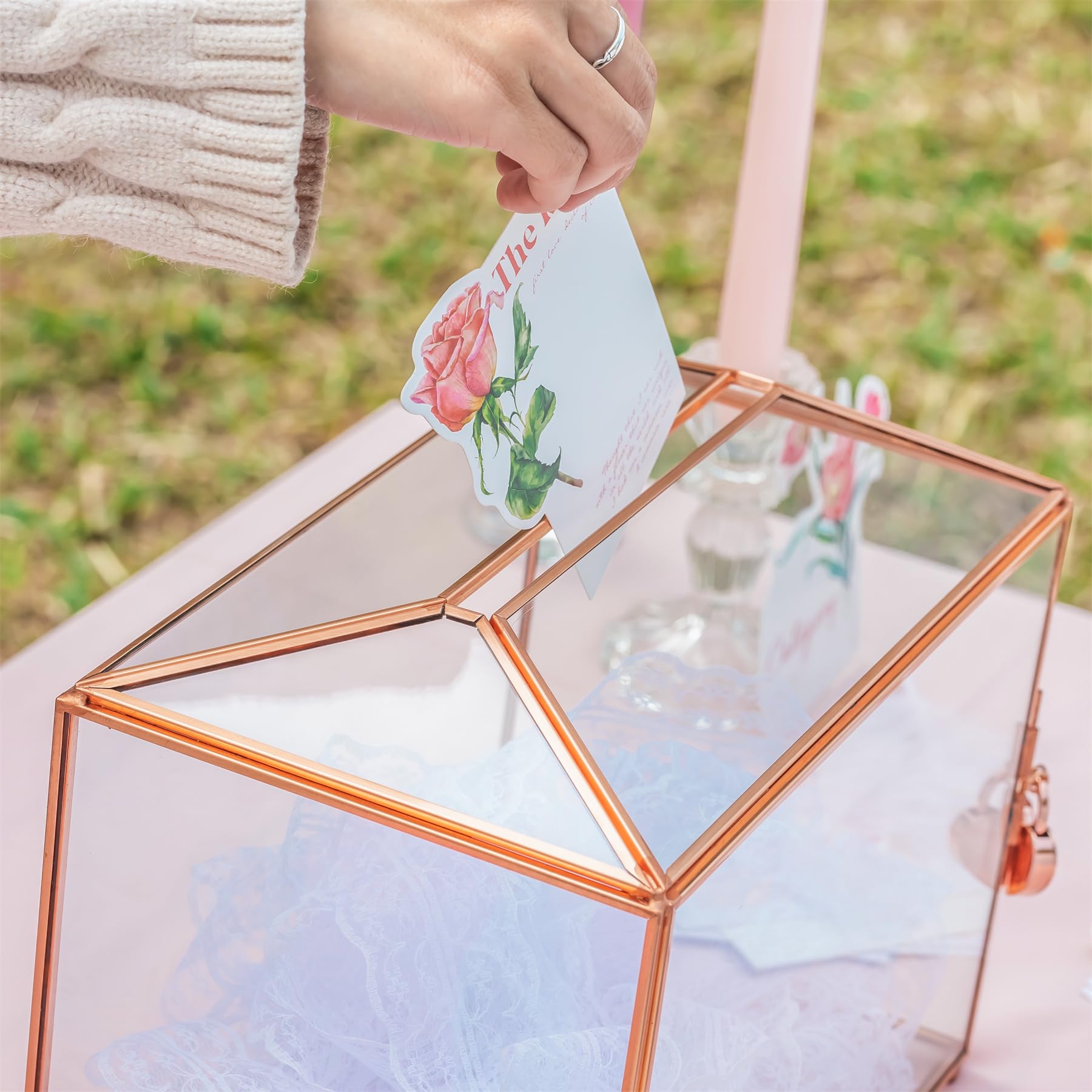 NCYP Rose Gold Geometric Glass Wedding Card Box with Lock – 26cm