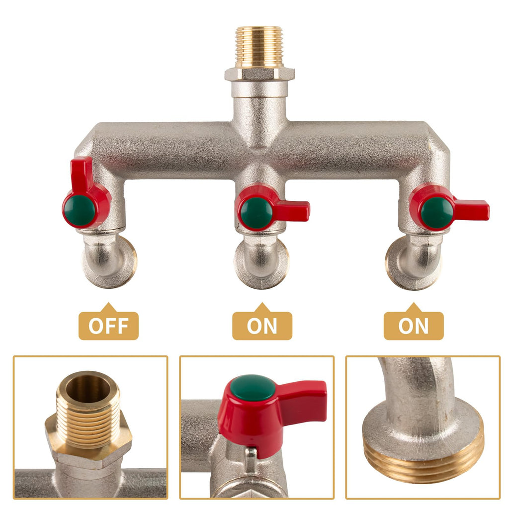 Tesmotor 3-Way Brass Outdoor Water Tap – 1/2" Inlet to 3/4" Triple Outlet