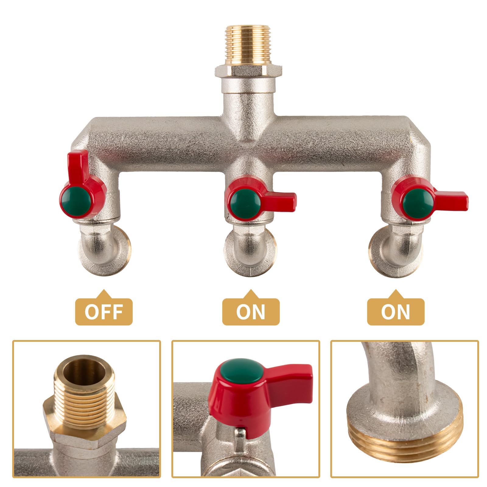 Tesmotor 3-Way Brass Outdoor Water Tap – 1/2" Inlet to 3/4" Triple Outlet