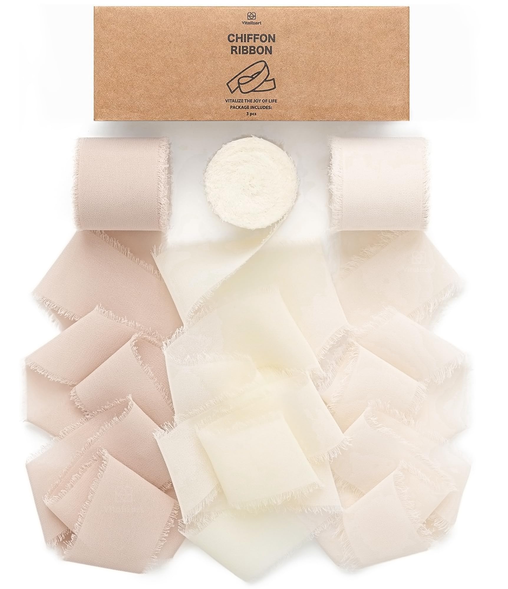 Vitalizart Chiffon Ribbon 3 Rolls | 1.5" x 21 Yd Handmade Fringe Silk