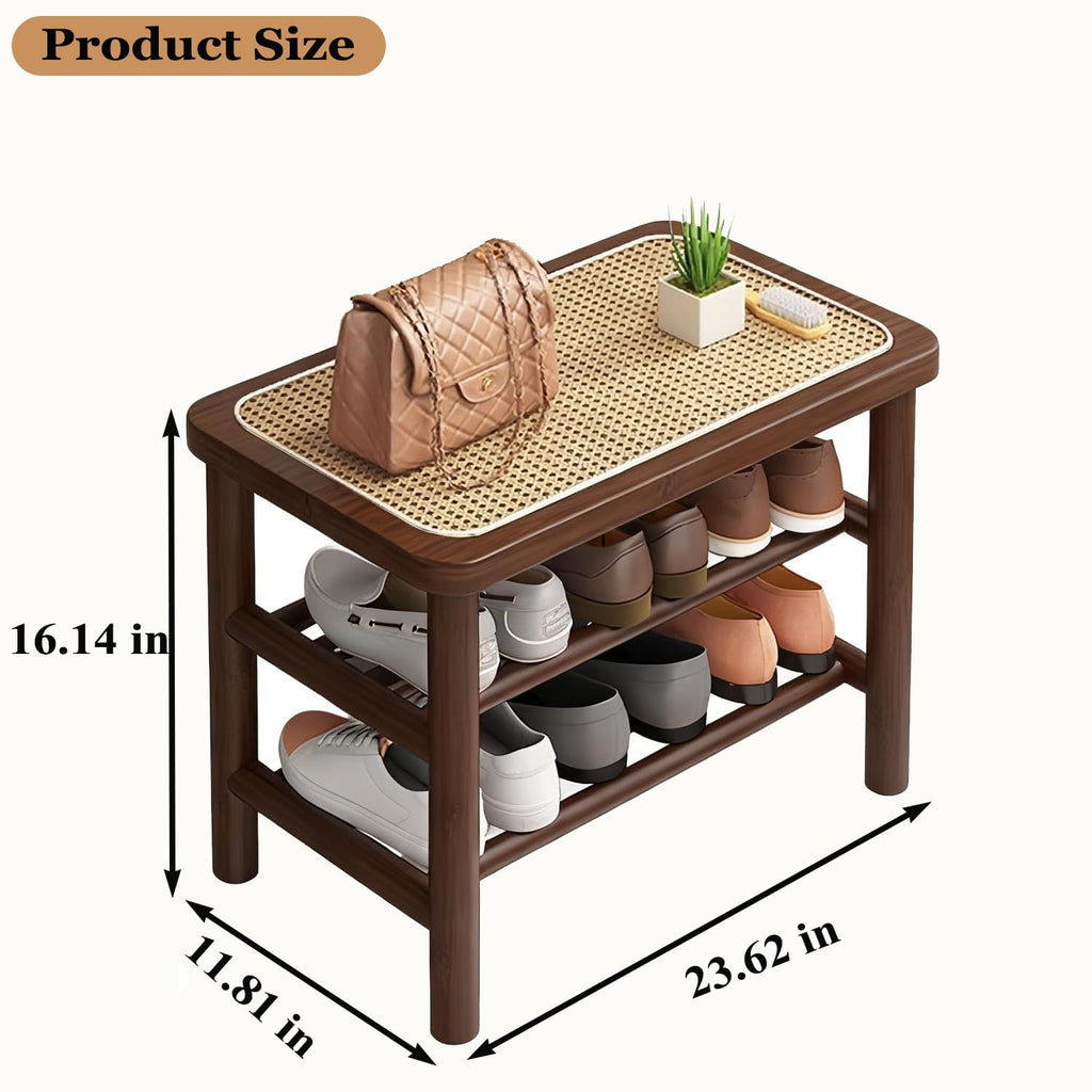 SOBIBO Bamboo Shoe Rack Bench with Rattan Seat, 3-Tier Shoe Storage Bench, Entryway Bench for Hallway Walnut-23.62 inches - image 2