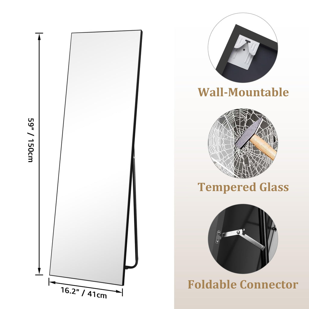 Hoikwo Full Length Mirror – 59x16 Standing or Wall Mirror, Black Frame