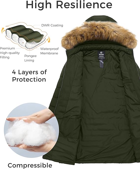 Wantdo Women's Long Winter Puffer Coat - Waterproof Army Green Jacket