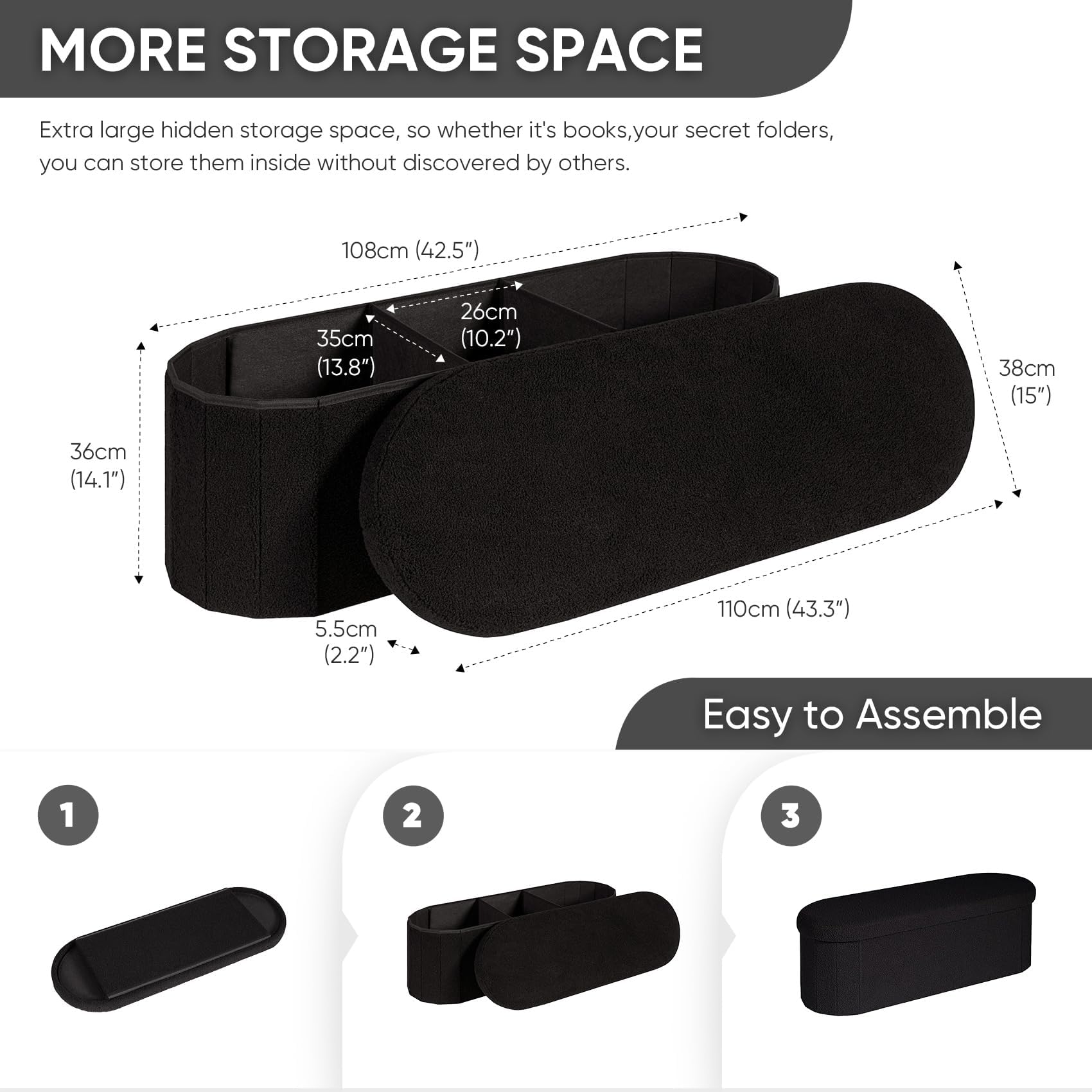Bonlife Oval Boucle Folding Storage Ottoman Bench - 100L Black
