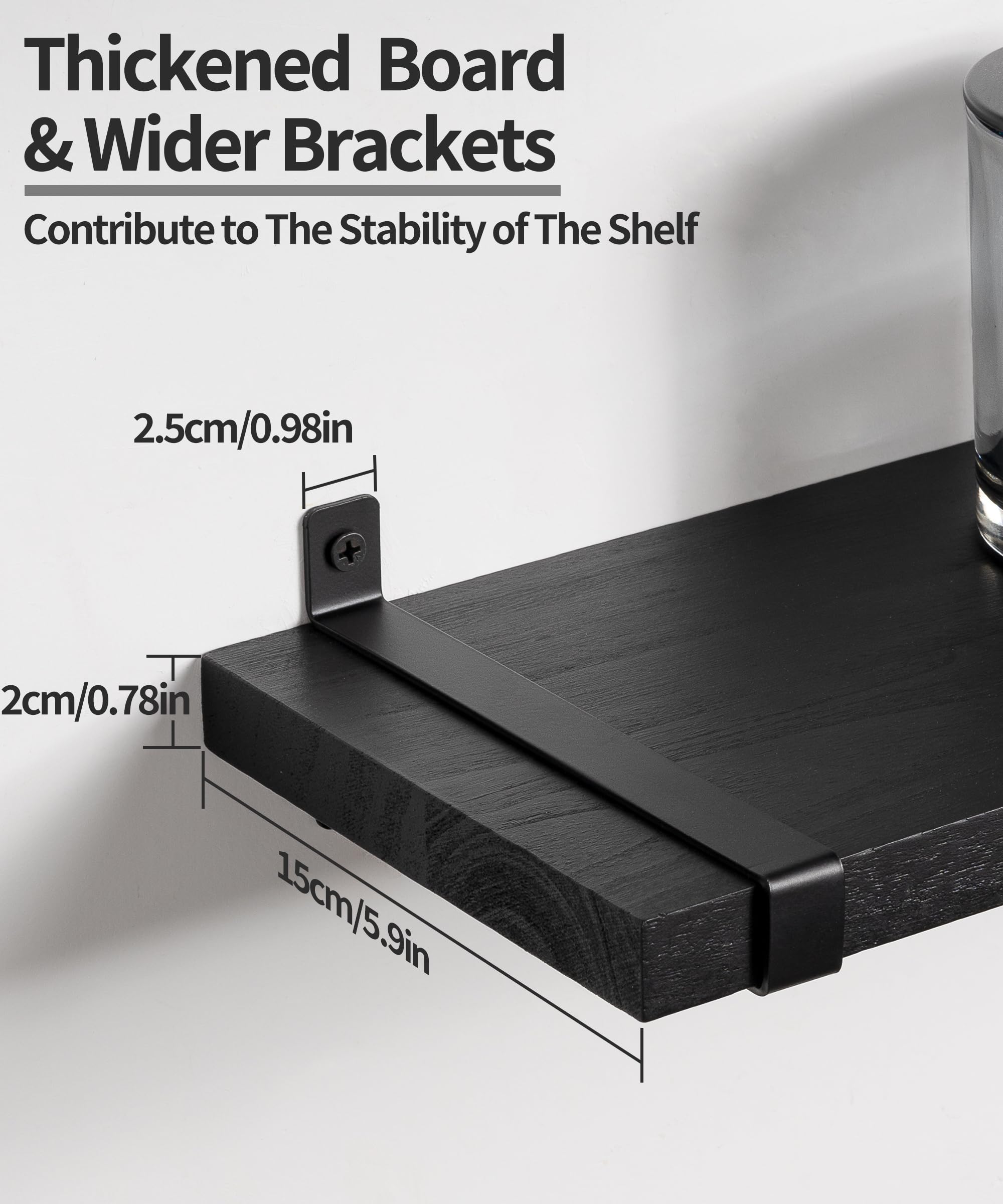 Gronda Black Floating Shelves – 60cm Paulownia Wood Wall Shelf, Set of 2