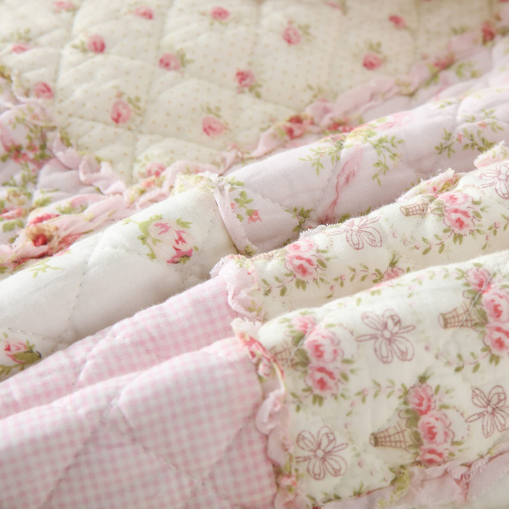 Qucover Pink Floral Patchwork Quilt – 100% Cotton Single Bedspread 150x200cm