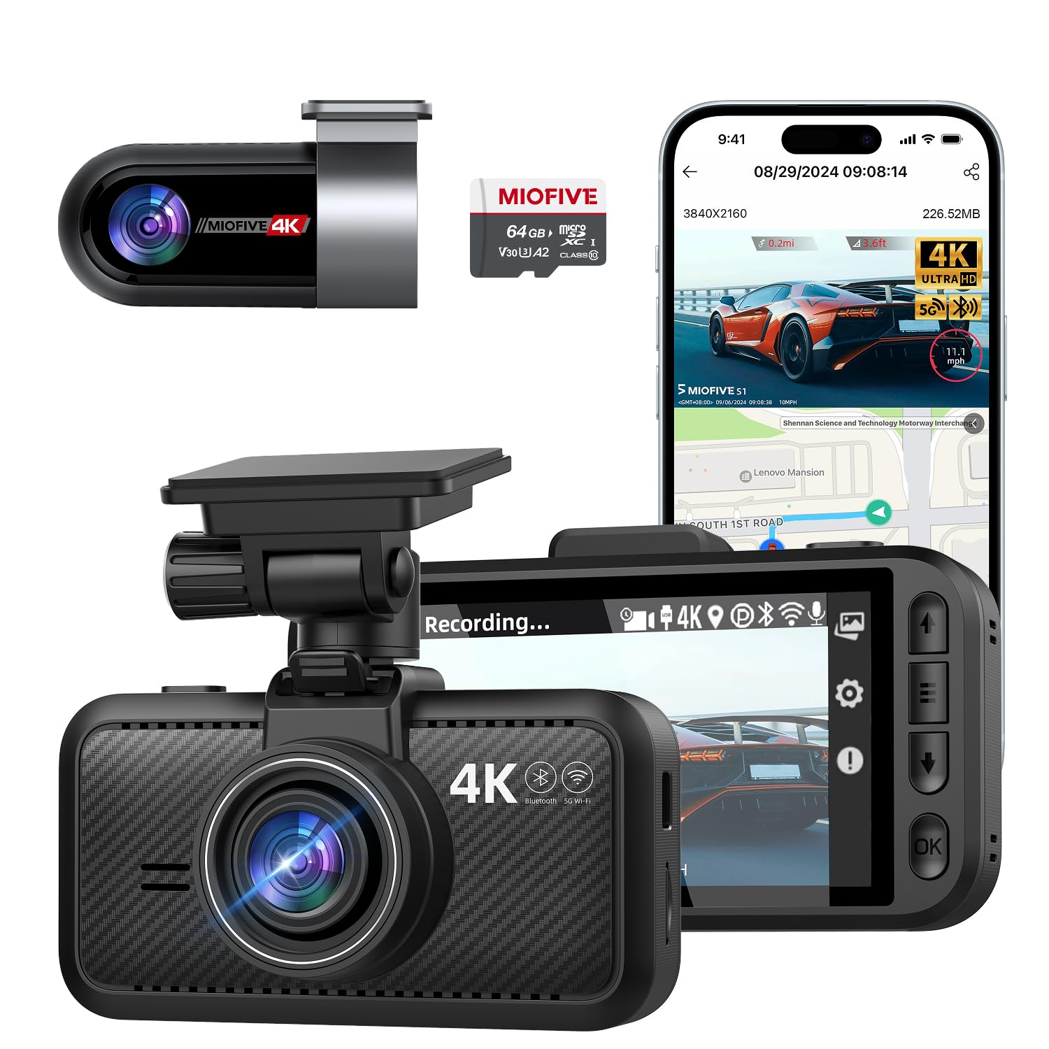 Miofive 4K Dual Dash Cam – Front and Rear GPS Car Camera with 64GB SD