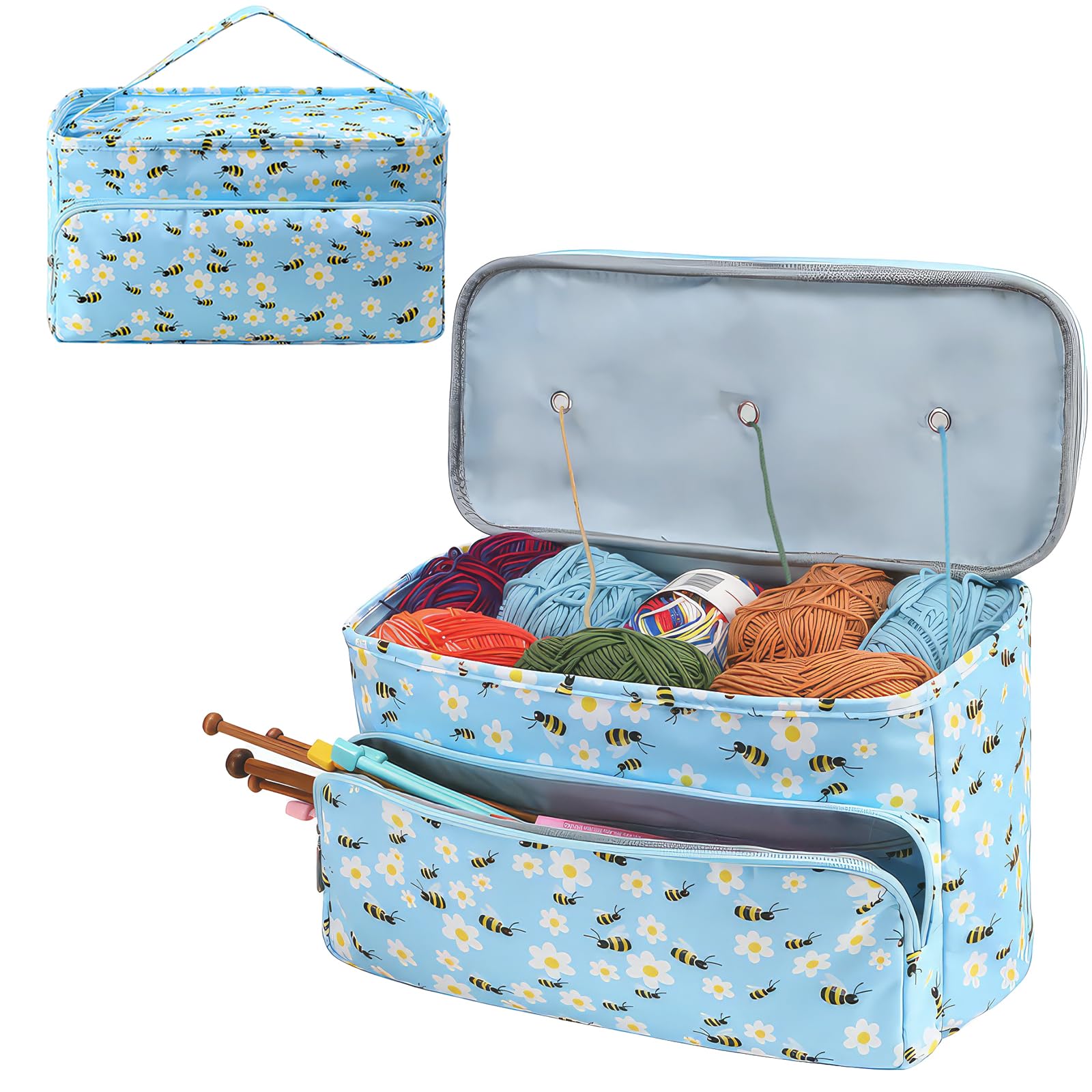 Aeelike Large Knitting Bag | Portable Yarn Storage Organizer | Blue Bees