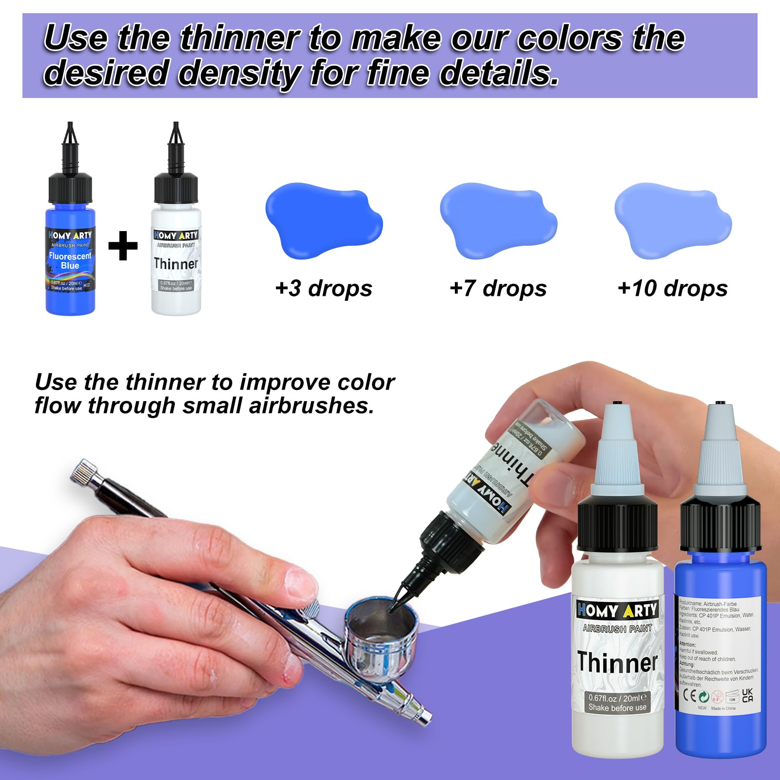 HOMY ARTY Airbrush Paint Set - 36 Water-Based Colors with 4 Thinners