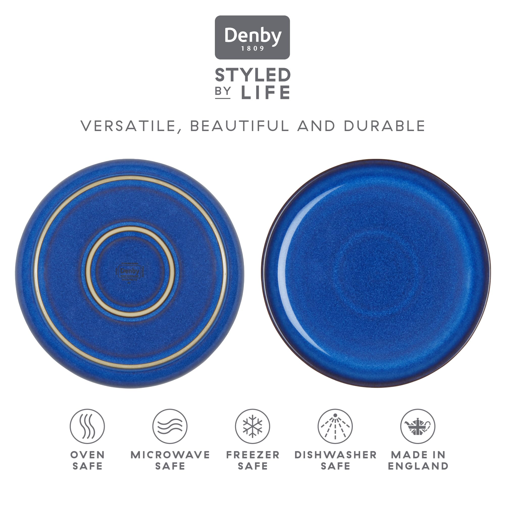 Denby Imperial Blue Medium Plates - Set of 4 Ceramic Stoneware 21cm
