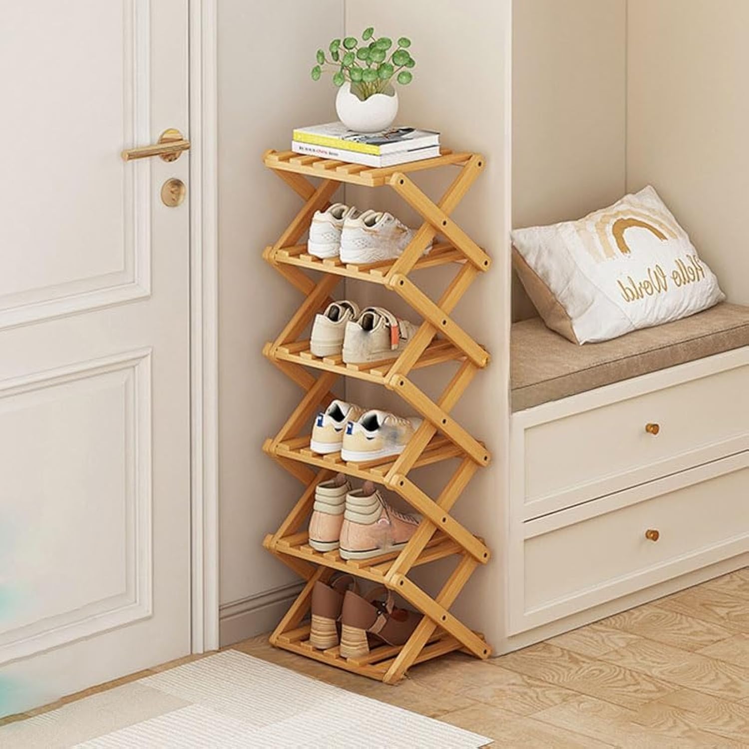 Jolof Store Bamboo Folding Shoe Rack – Narrow Portable 6-Tier Organizer
