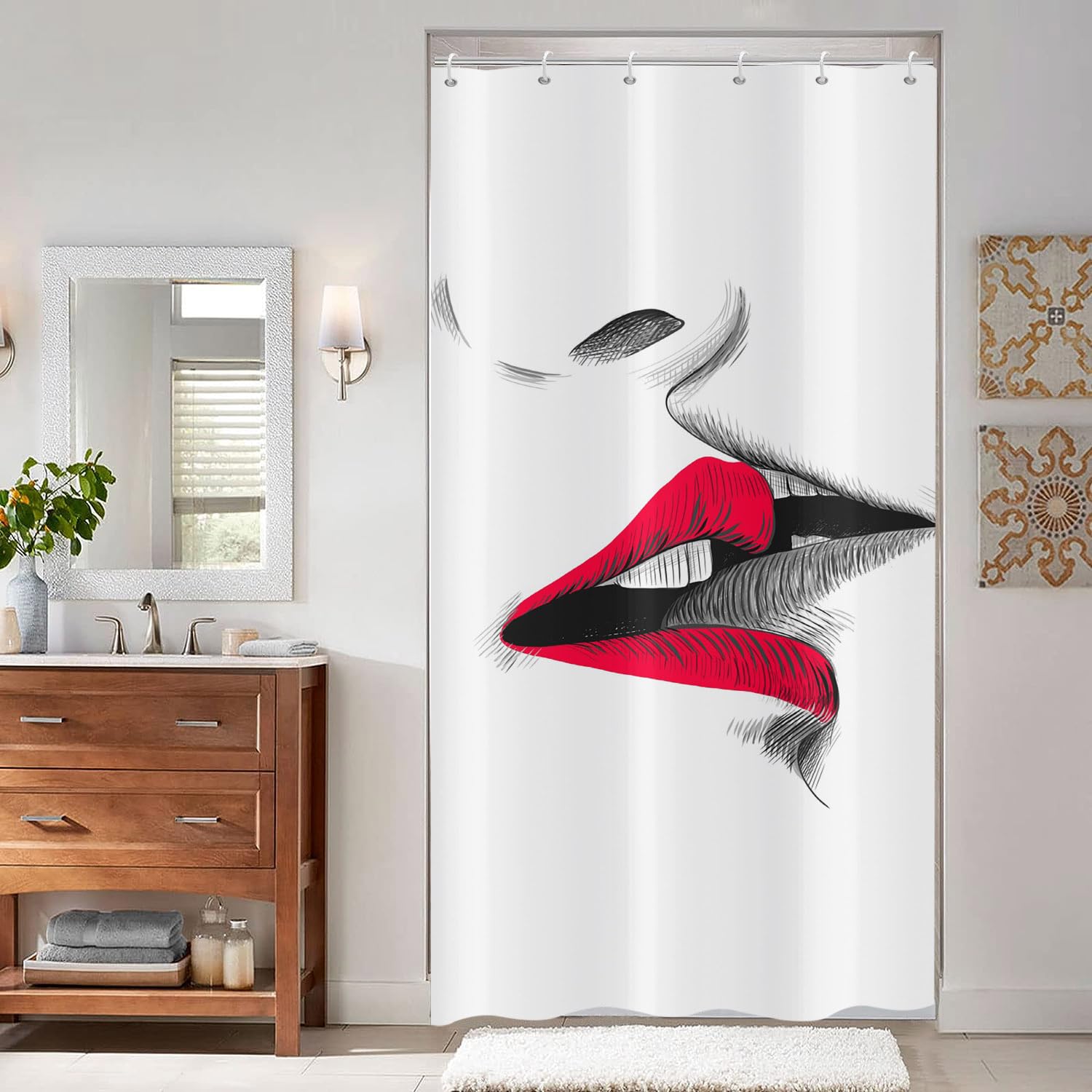 Jolof Store Narrow Shower Curtain – Modern Red Lip Art Waterproof Polyester
