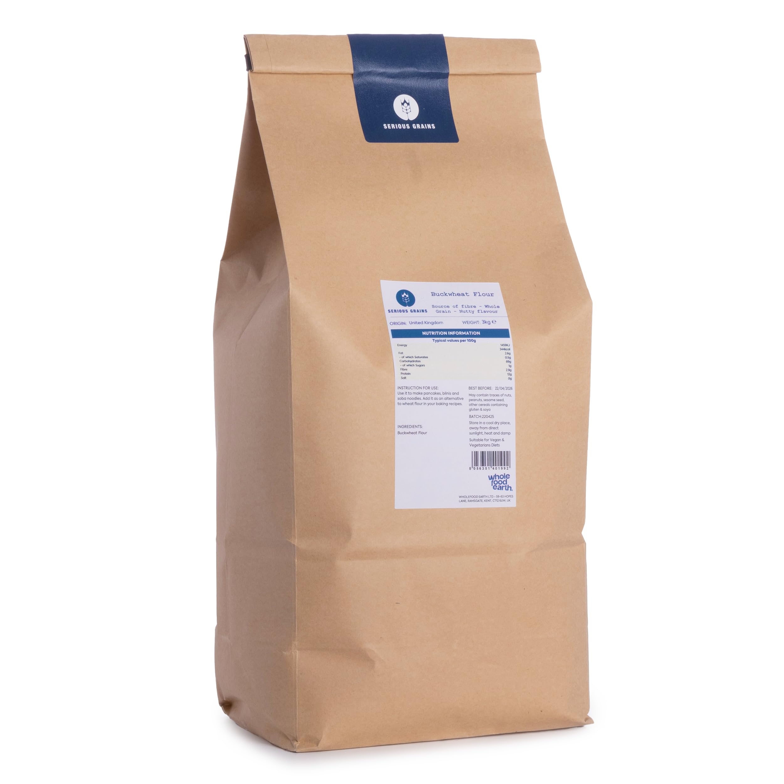 Wholefood Earth Buckwheat Flour – 3kg Non-GMO High Fiber Vegan Flour