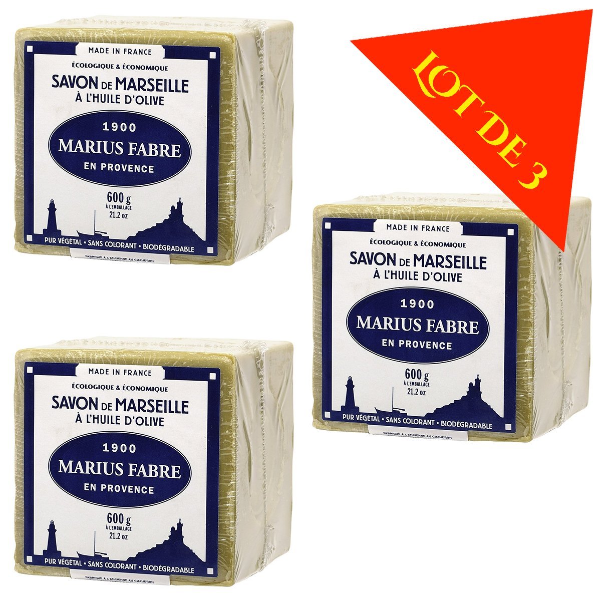 Marius Fabre Pure Marseille Soap Cube - Olive Oil 600g (Lot of 3)
