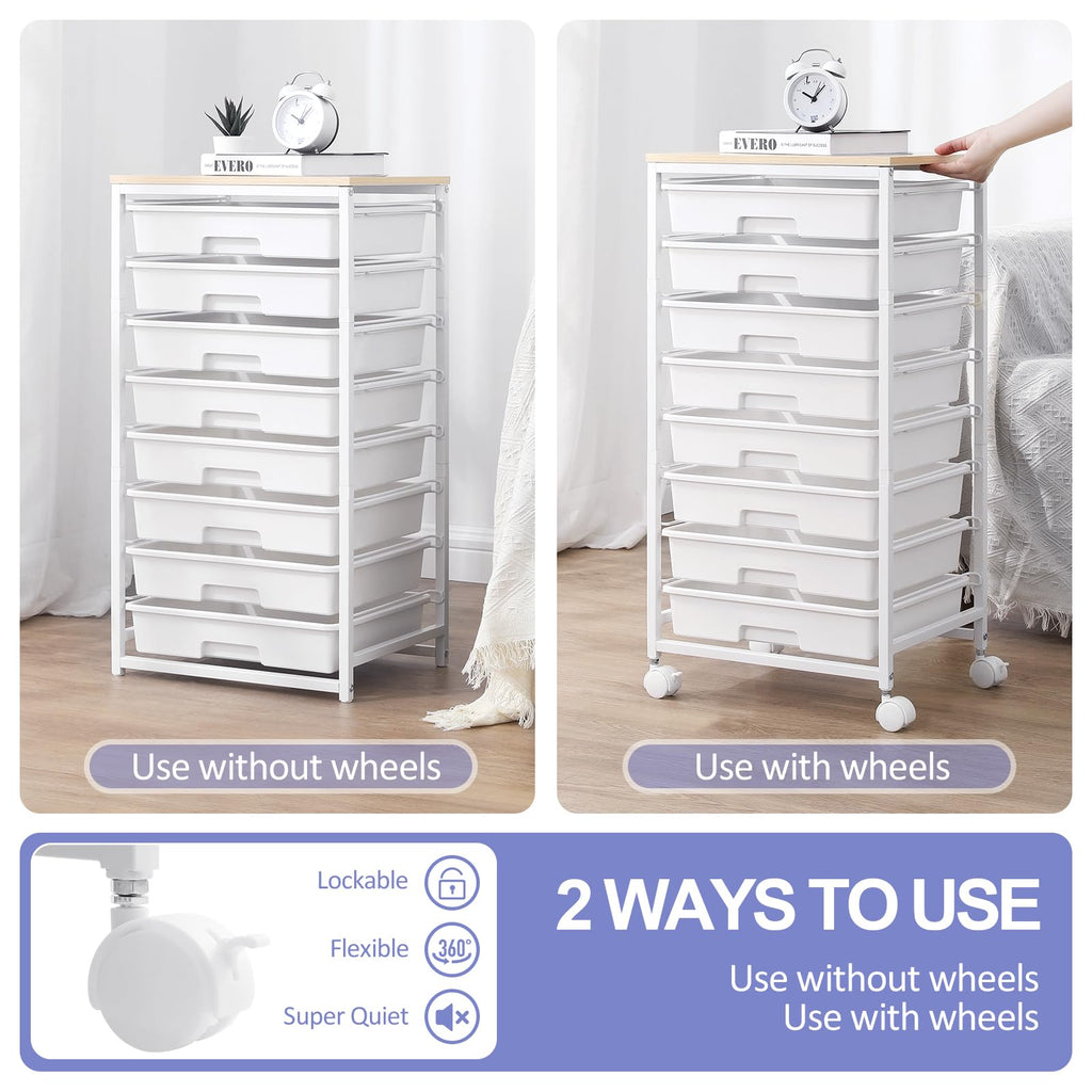 SYKIARIOL 8-Drawer Storage Trolley Rolling Cart with Lockable Wheels, White - image 3