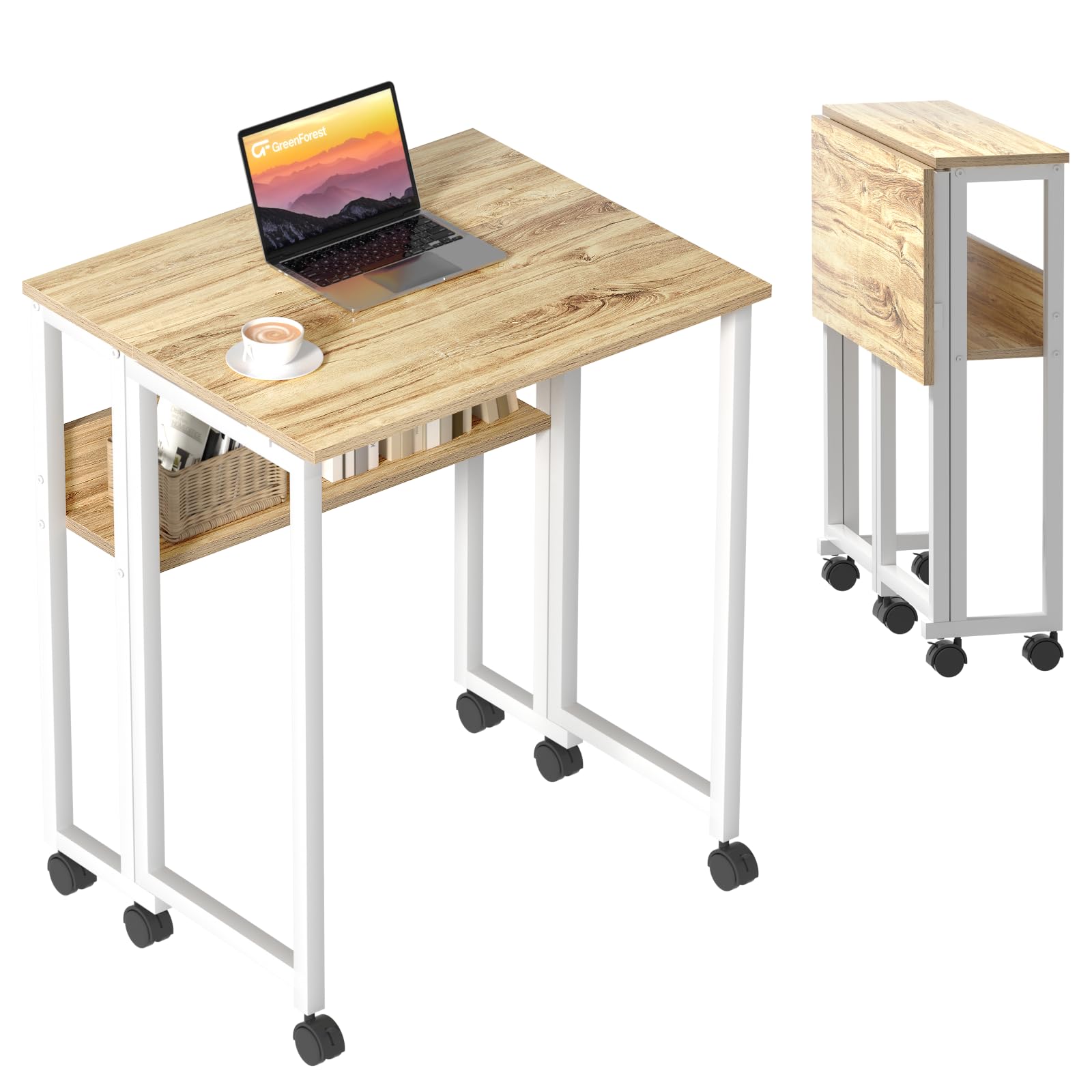 GreenForest Small Folding Computer Desk with Storage Shelf | Oak