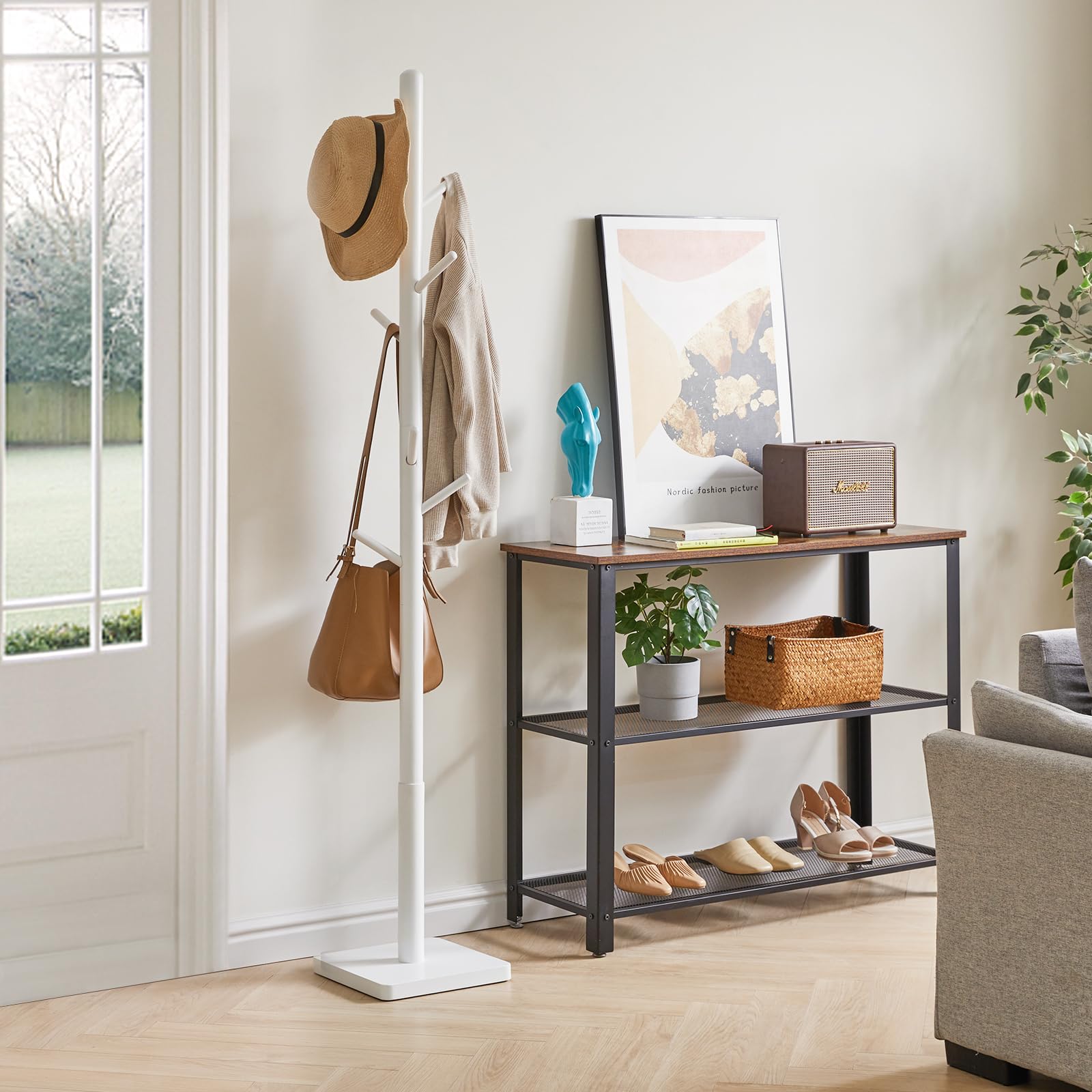 YMYNY Wooden Coat Rack Stand – 8 Hooks Height Adjustable Hall Tree